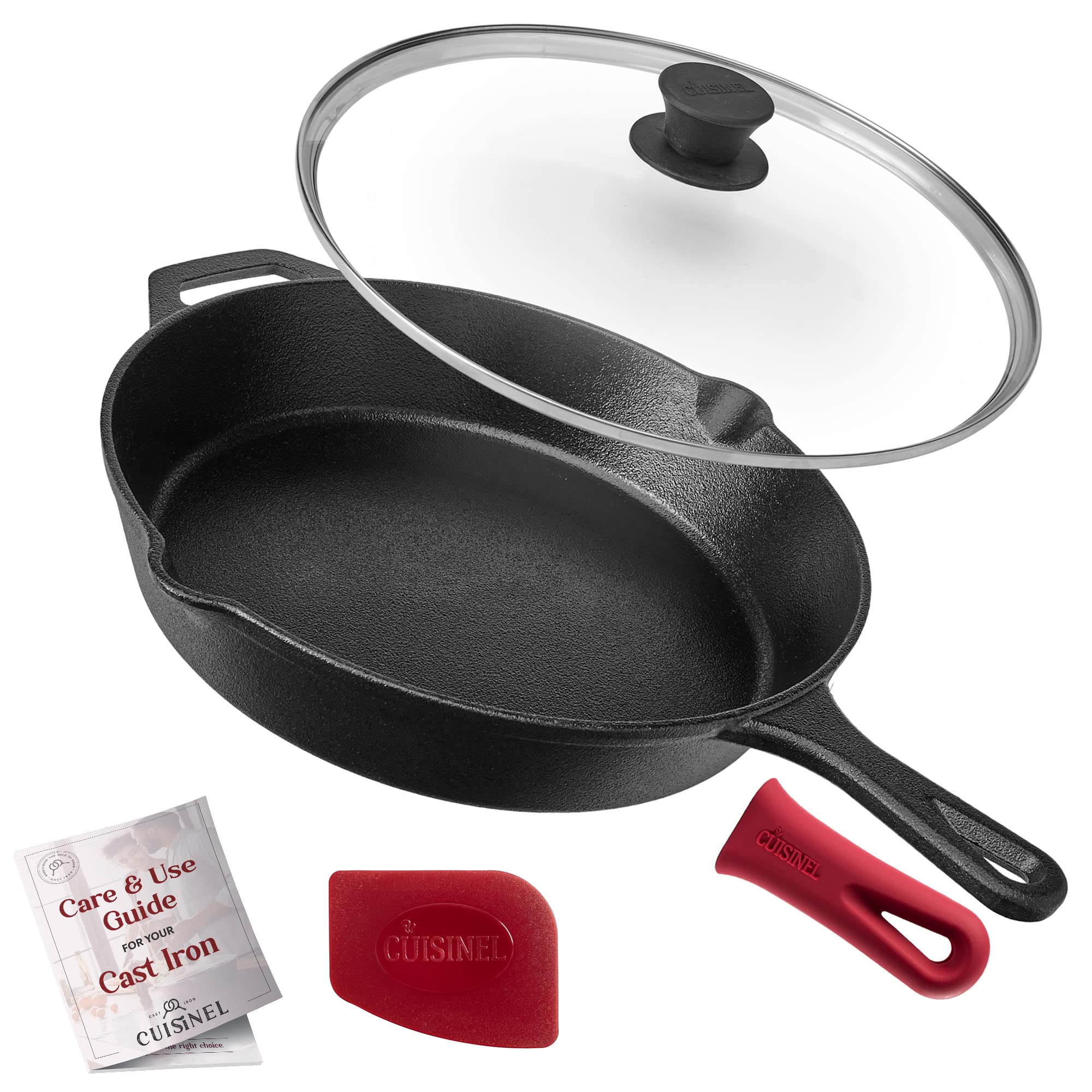 Cuisinel Cast Iron Skillet with Lid - 12"-Inch Frying Pan + Glass Cover + Silicone Handle Holder - Pre-Seasoned Oven Safe Cookware - Indoor/Outdoor Use - Grill, BBQ, Fire, Stovetop, Induction  - Good