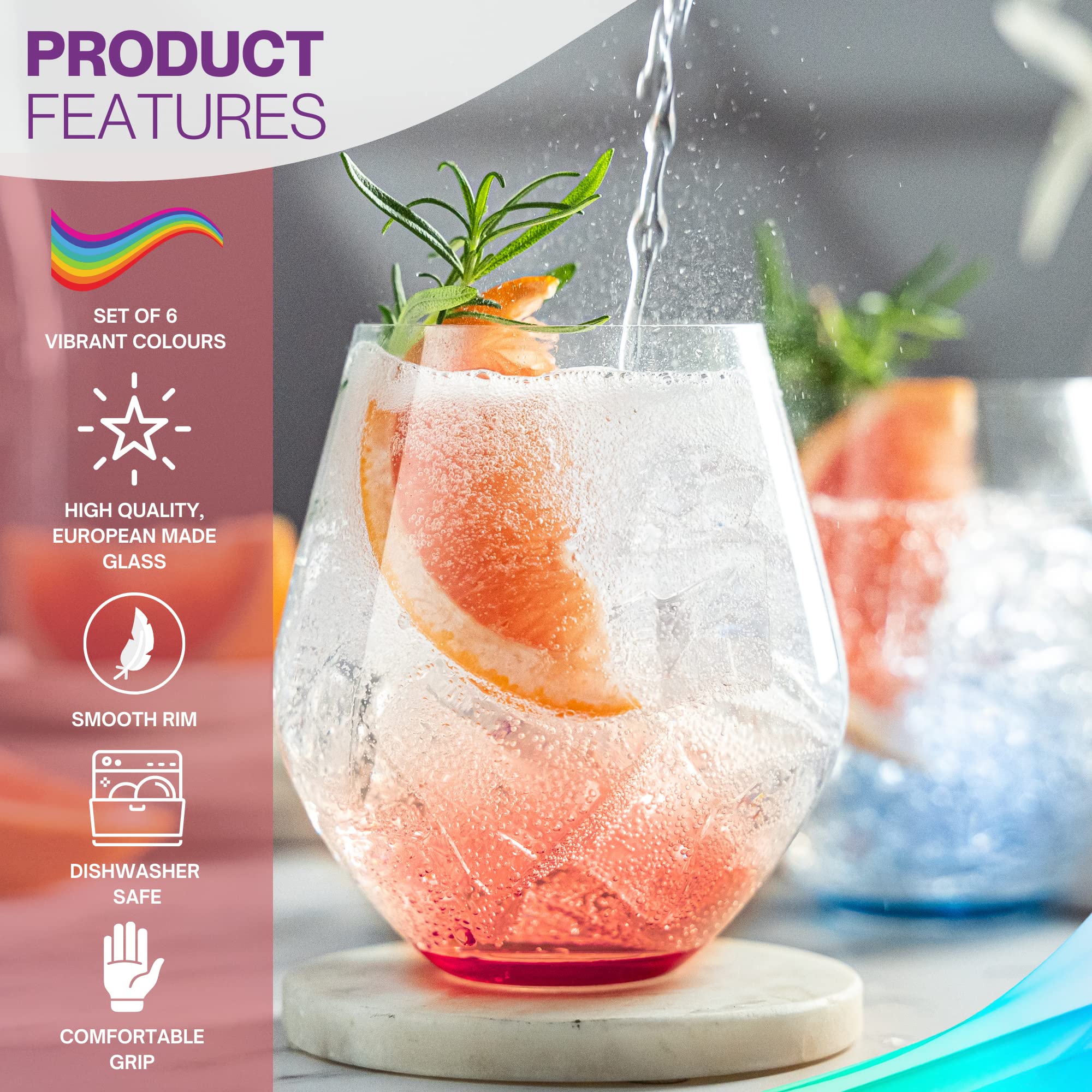 BENETI Premium Stemless Wine Glass | 18oz European Made Colored Stemless Wine Glasses set 6 | Crystal Glass Durable Drinking Cups for Parties - Like New