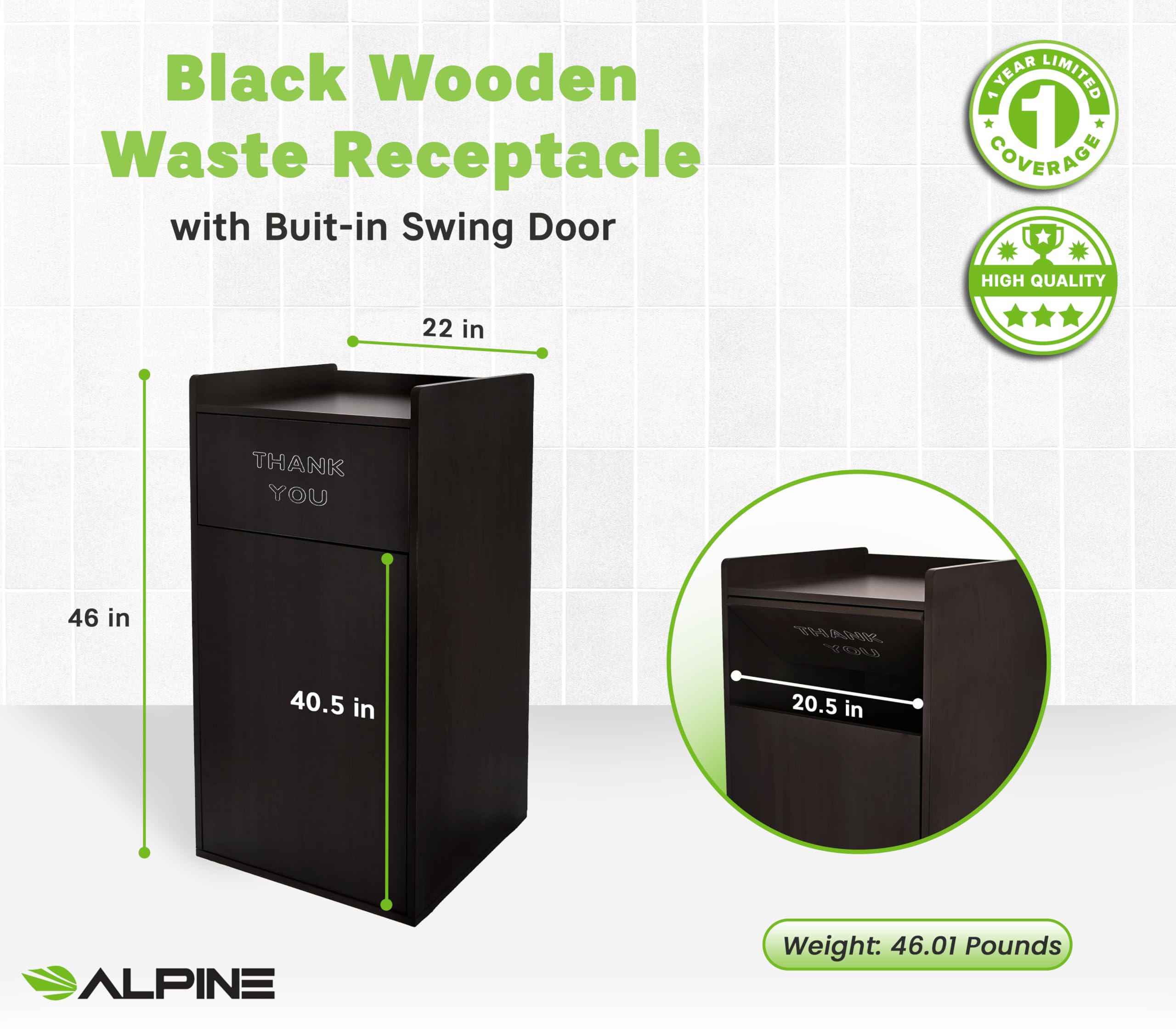 Alpine Industries 40 Gallon Wood Trash Can - Large Indoor Receptacle Enclosure with Drop Hole and Tray Shelf - Great for Restaurants, Cafeterias, Food Courts Variation  - Acceptable