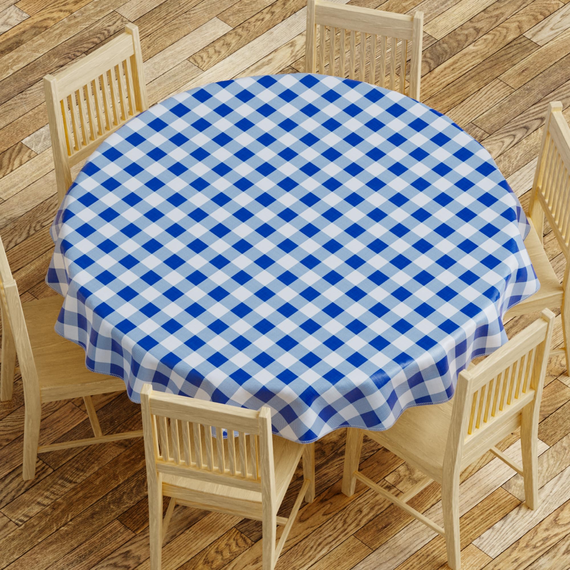 Sorfey Tablecloth - Vinyl with Flannel Back, 70" Round, Water Proof, Easy to Clean, Checked Blue Design - Like New