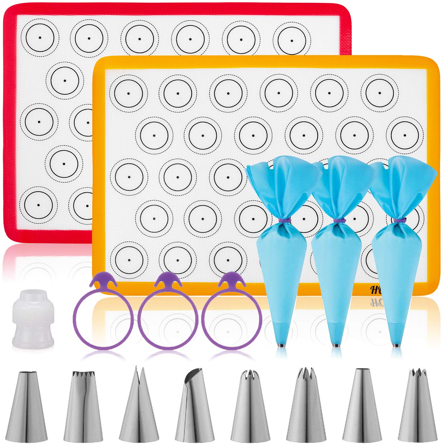 HOTPOP Macaron Baking Kit Cup Set (17pcs) � 2 Half Size Macaroons Baking Kit - Macaron Kit - Macaroon Baking Supplies - Kitchen Pastry Mat - 8 Piping Tips & 3 Piping Bags with 3 Bag Ties 1 Coupler - Acceptable