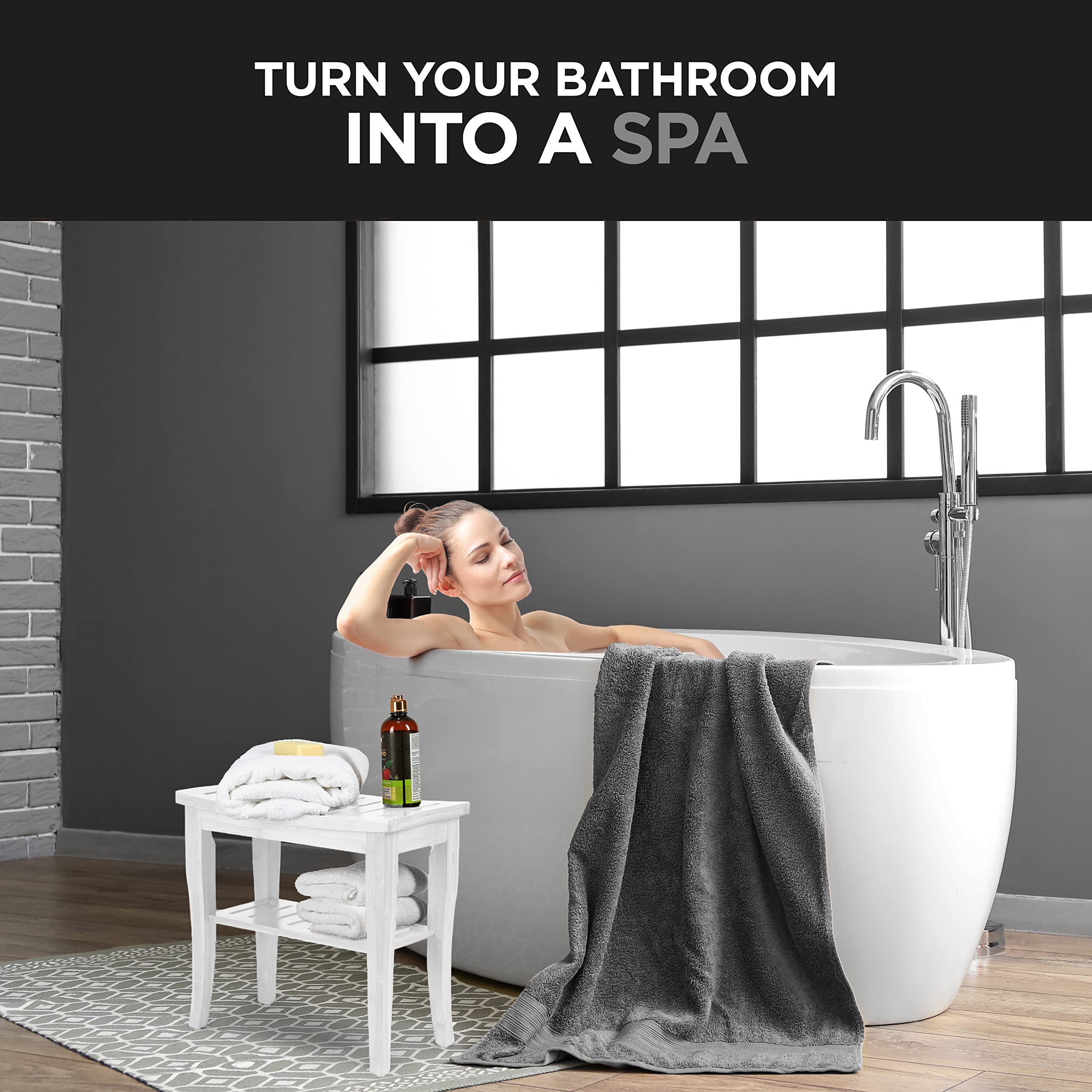 Bamboo Shower Bench Spa Stool - Wood 2-Tier Seat, Foot Rest Shaving Stool with Non-Slip Feet + Storage Shelf - Seat or Organizer for Bathroom, Living Room, Bedroom and Garden D�cor (White) - Acceptable