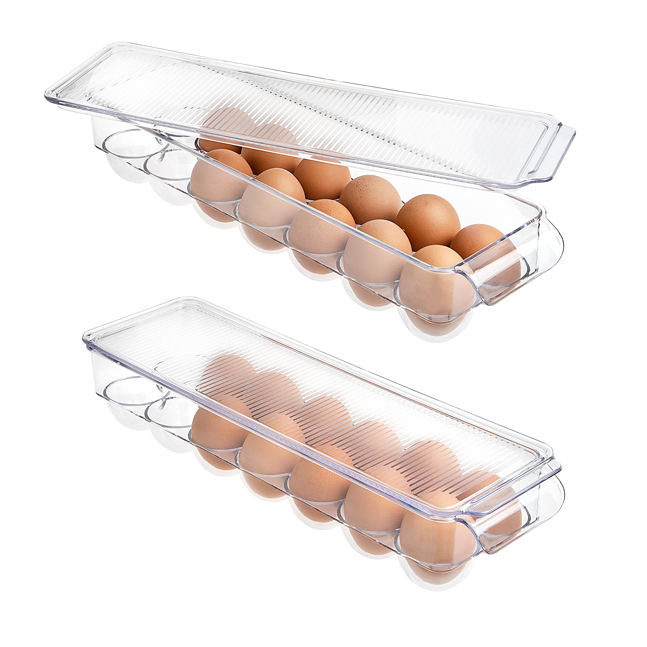 Clear Plastic Egg Holder - 2 Pack 14 Egg Tray Holder (Holds 28 Eggs Total) - Size 4" x 15" BPA Free Fridge Organizer with Lid, Refrigerator Storage Container - by SIMPLEMADE - Like New