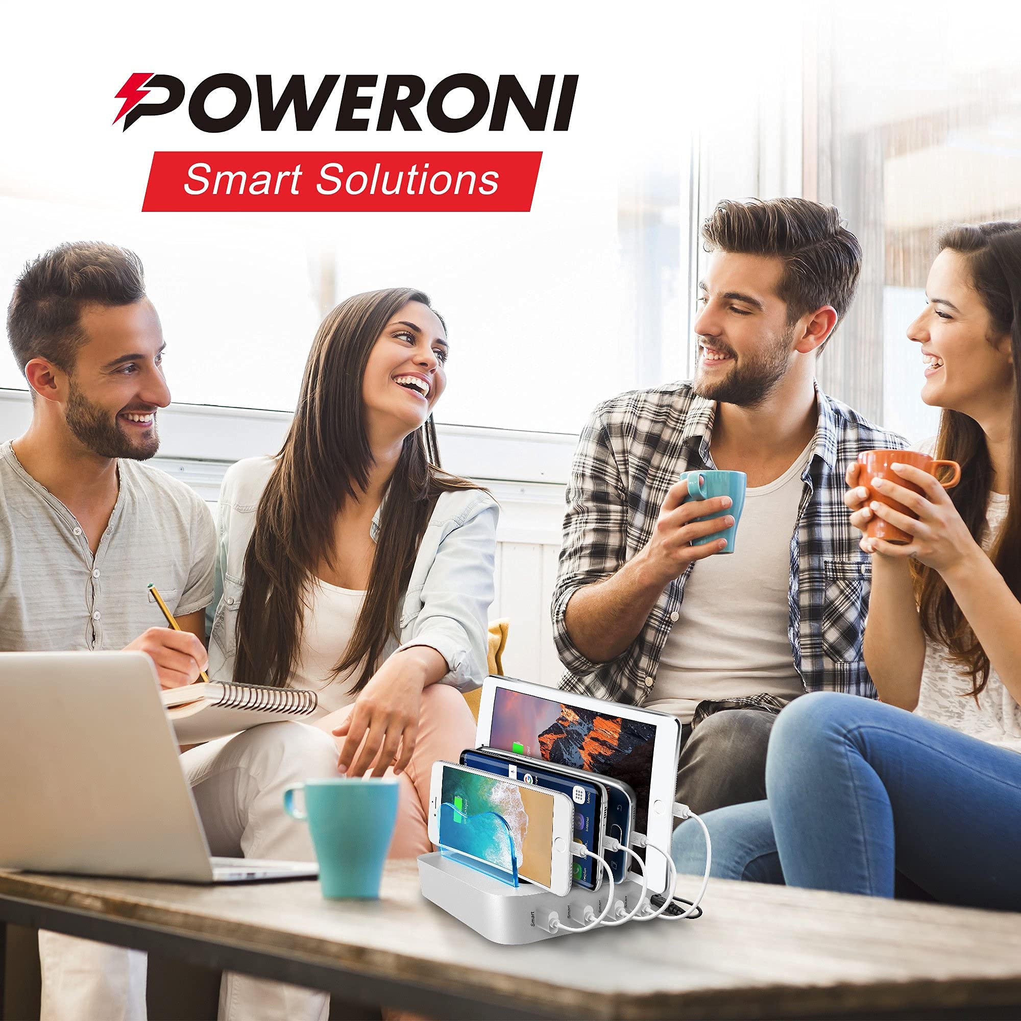 Poweroni USB Charging Station for Multiple Devices Apple Android Compatible - Charging Station Organizers - Fast Charge Multi Device Phone Charger Station Charging Dock  - Very Good