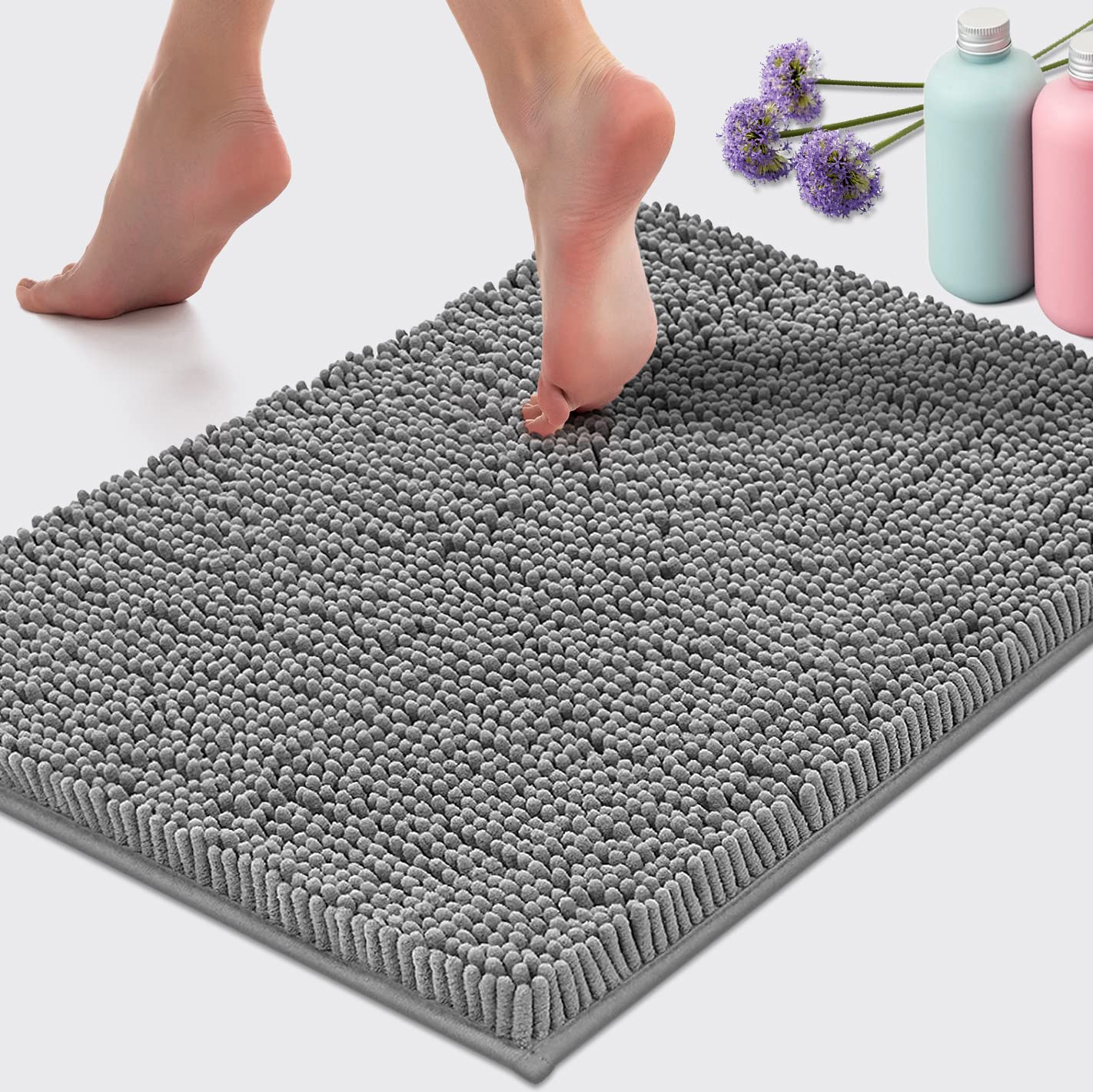 LuxUrux Bath Mat, Extra-Soft Plush Non-Slip Bathroom Rug, Luxury Chenille Microfiber Material, Super Absorbent Shaggy Bath Rug. Machine Wash & Dry (17 x 24, Light Grey) - Very Good