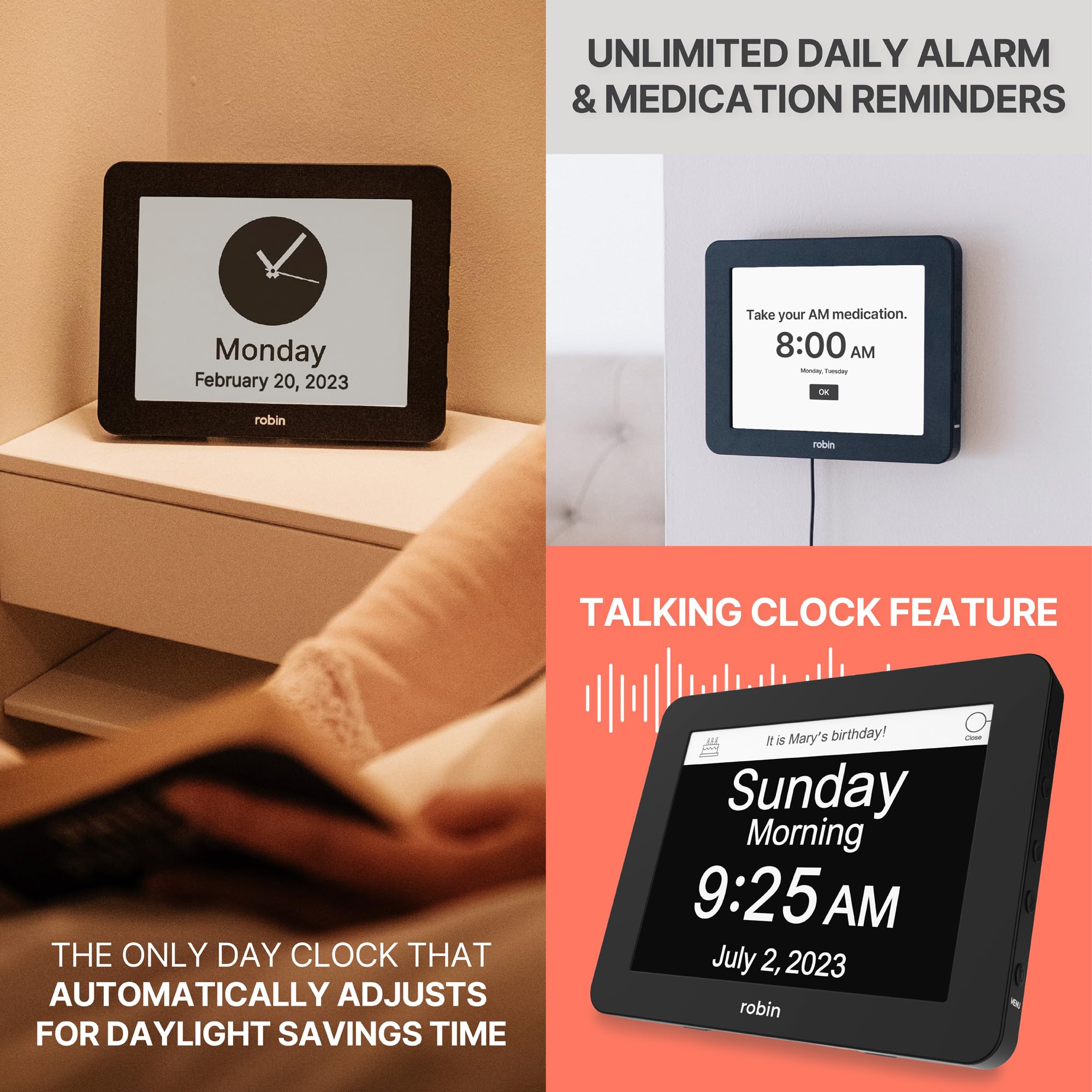 Robin, 2022 Version, Digital Day Clock 2.0 with Custom Alarms and Calendar Reminders, Alarm Clock with Extra Large Display Helps with Memory Loss, Alzheimer's and Dementia, Black, 8 Inches - Very Good