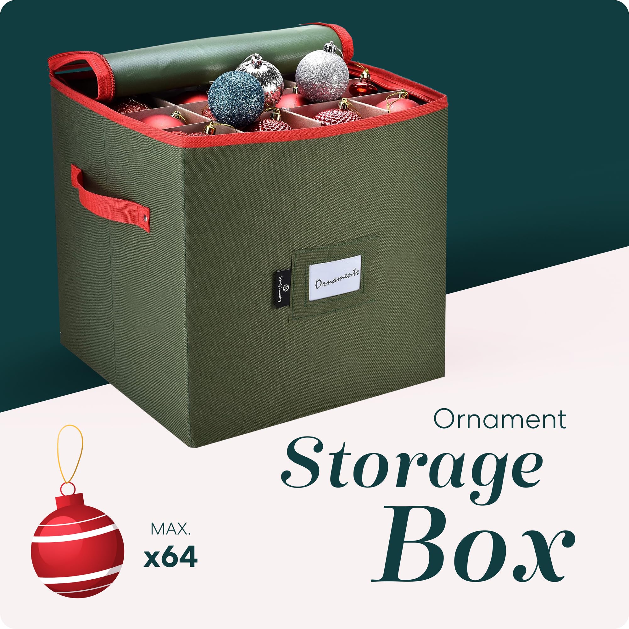 Christmas Ornament Storage - Stores up to 64 Holiday Ornaments, Adjustable Dividers, Covered Top, Two Handles. Attractive Storage Box Keeps Holiday Decorations Clean and Dry for Next Season. - Like New