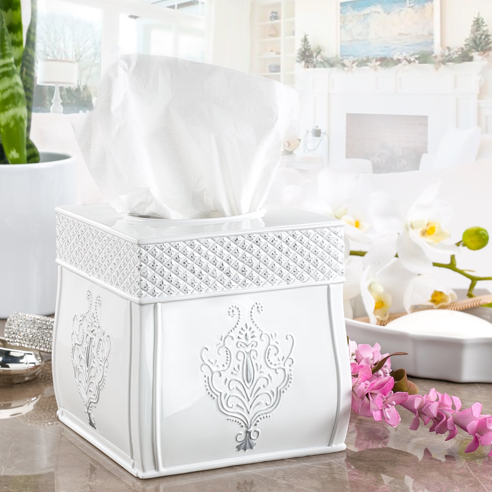 Creative Scents White Tissue Box Cover Square � Decorative Tissue Box Holder Square - Beautiful French Vintage White Tissue Holder For Bathroom With Durable Crafted Sliding Bottom For Tissues Cube Box - Like New