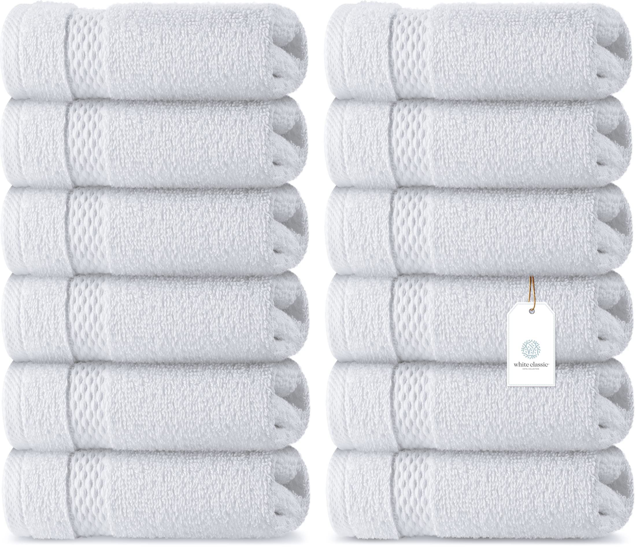 WhiteClassic Luxury Cotton Washcloths - Large Hotel Spa Bathroom Face Towel | 12 Pack | White - Like New