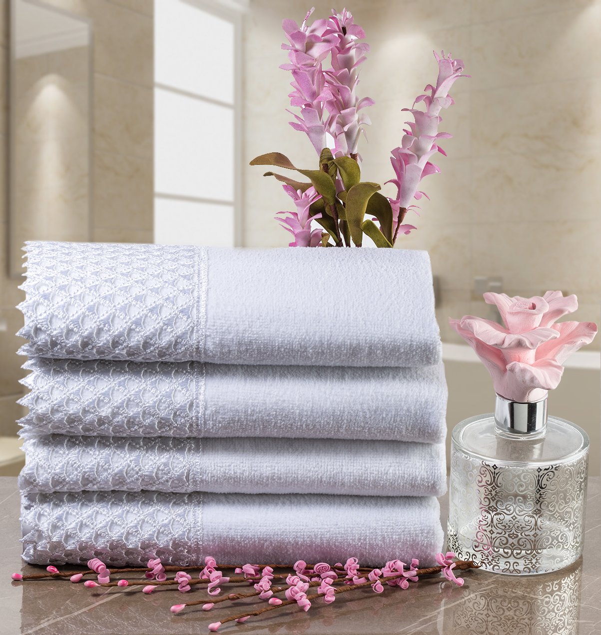 Creative Scents Decorative Fingertip Embellished White Gorgeous Lace Towels for Bathroom and Powder Room - 4 Pack 11 by 18" Cotton Velour Towel Set Packaged in Gift Box for Best Gift (White) - Like New