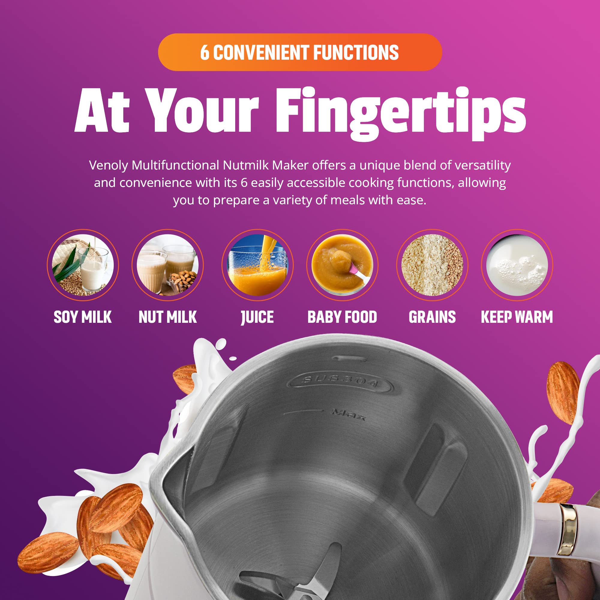 Venoly Nut Milk Maker Machine - Convenient Nut Milk Machine for Homemade Plant-Based and Dairy-Free Beverages | Nut and Soy Milk Maker with Stainless Steel Blades Produces Up To 5.5 Cups | 9.5X11.5X7.25" - Very Good