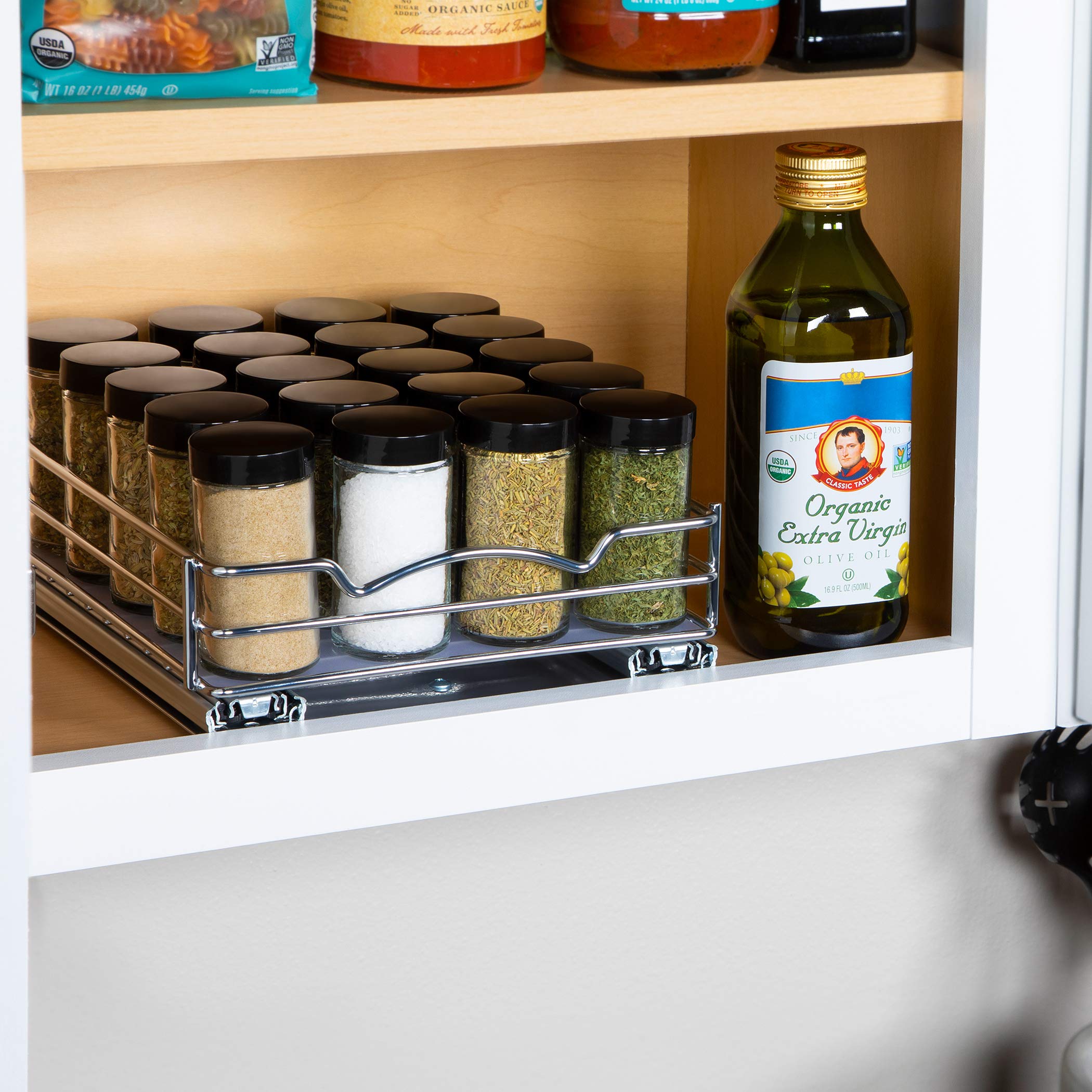 Pull Out Spice Rack Organizer for Cabinet, Heavy Duty-5 Year Limited Warranty, Chrome 8-3/8"Wx 10-3/8"D x 2-1/8 H Slide Out for Upper Kitchen Cabinets and Pantry, Fits Spices, Sauces, Canned Food etc. - Like New