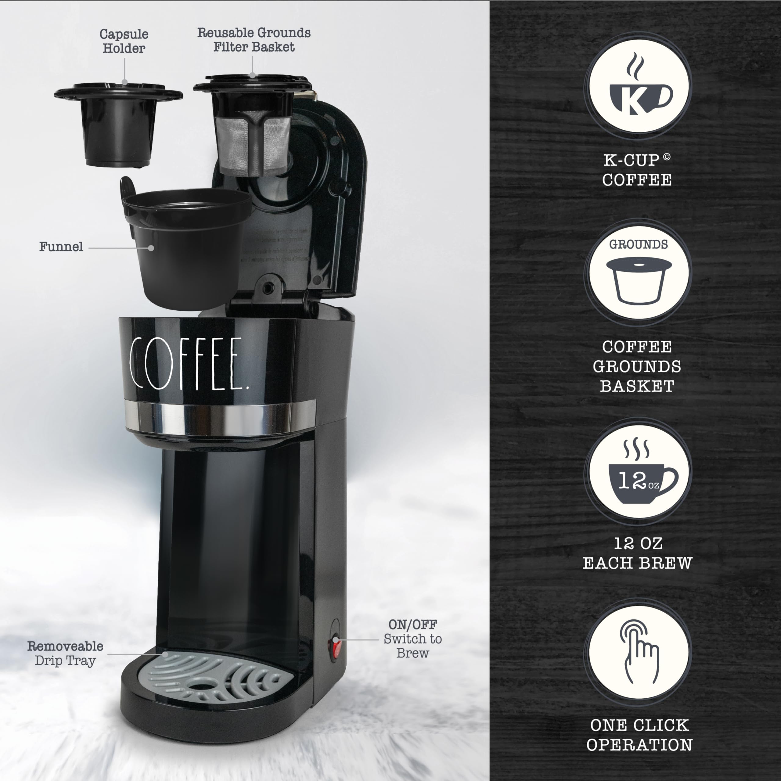 Rae Dunn 2-IN-1 Single Serve Coffee Maker - 700 Watt, Coffee Grounds, 30oz Water Reservoir, One-Click Operation, 12oz Each Brew, Removable Drip Tray - Acceptable