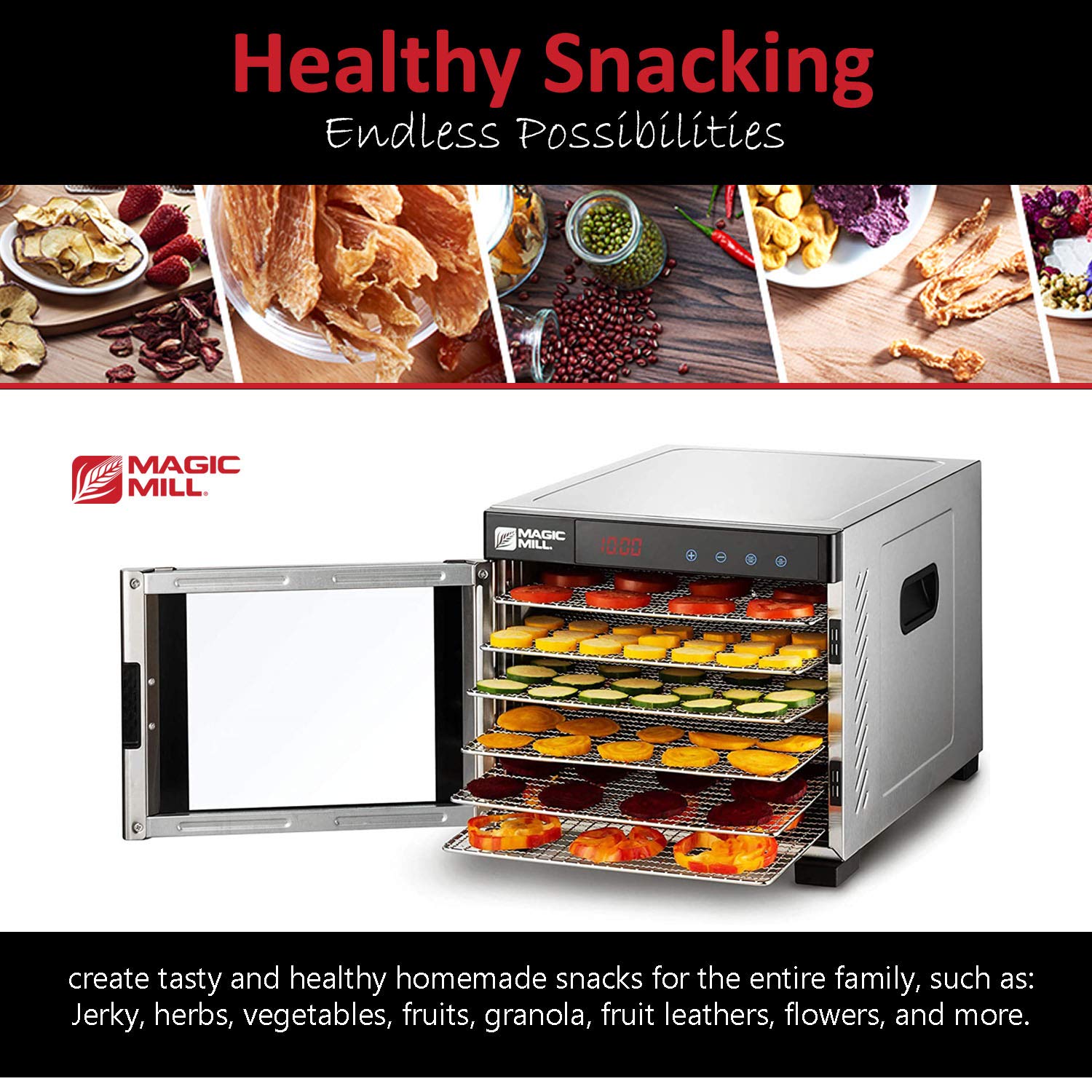 Magic Mill Food Dehydrator Machine - Easy Setup, Digital Adjustable Timer, Temperature Control | Keep Warm Function | Dryer for Jerky - Very Good