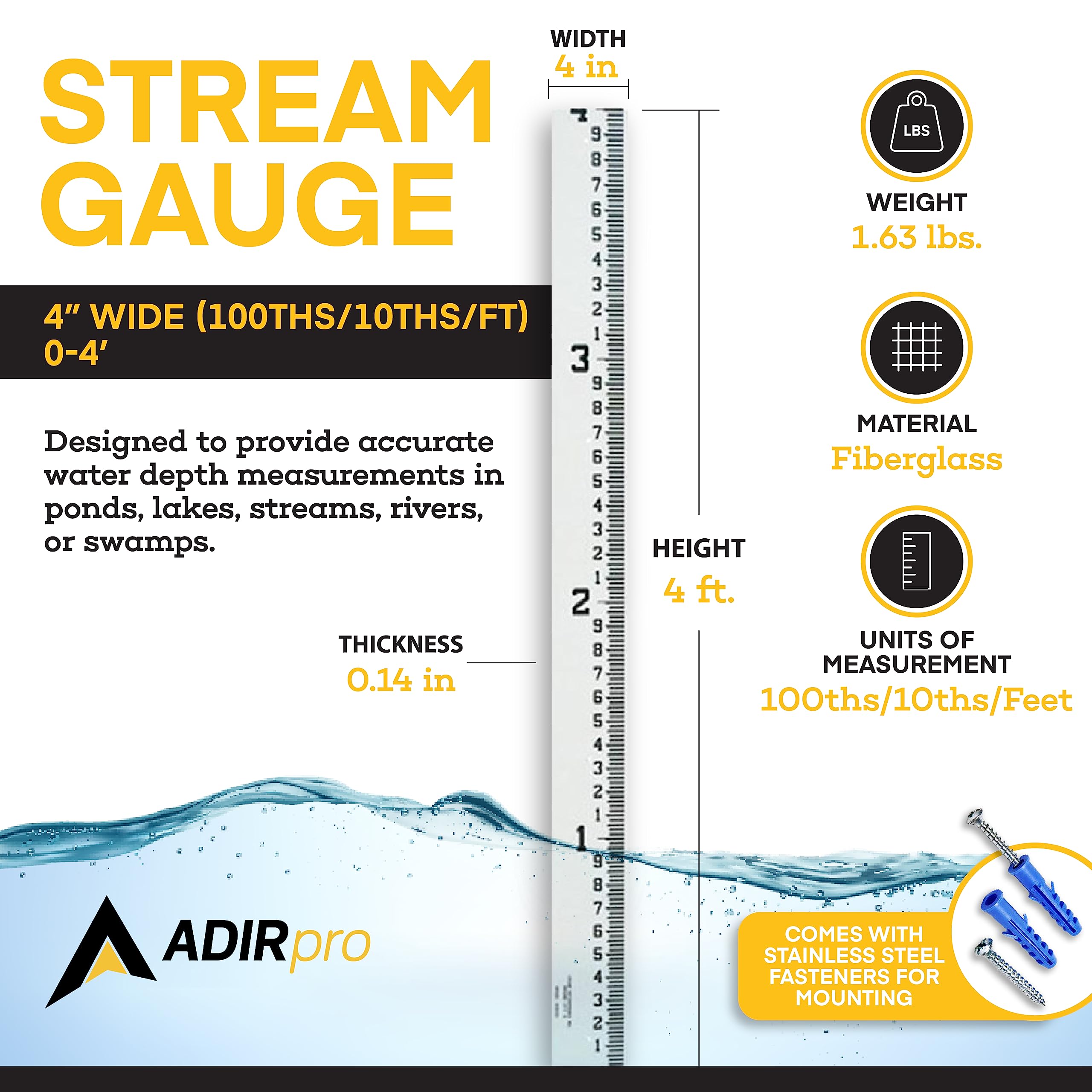 AdirPro 4" Wide Stream Gauge - Heavy Duty Gauge - All Weather Guage (100ths/10ths/feet) - Like New