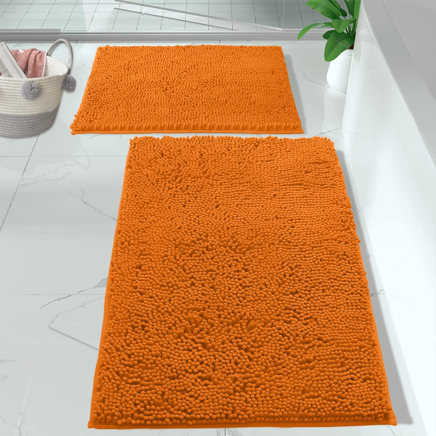 LuxUrux Orange Decor Bathroom Rug Sets, Extra-Soft Plush Bath mat Shower Bathroom Mat Set,1'' Chenille Microfiber Material, Super Absorbent (30 X 20'' + 23 x 15'', Orange) - Like New