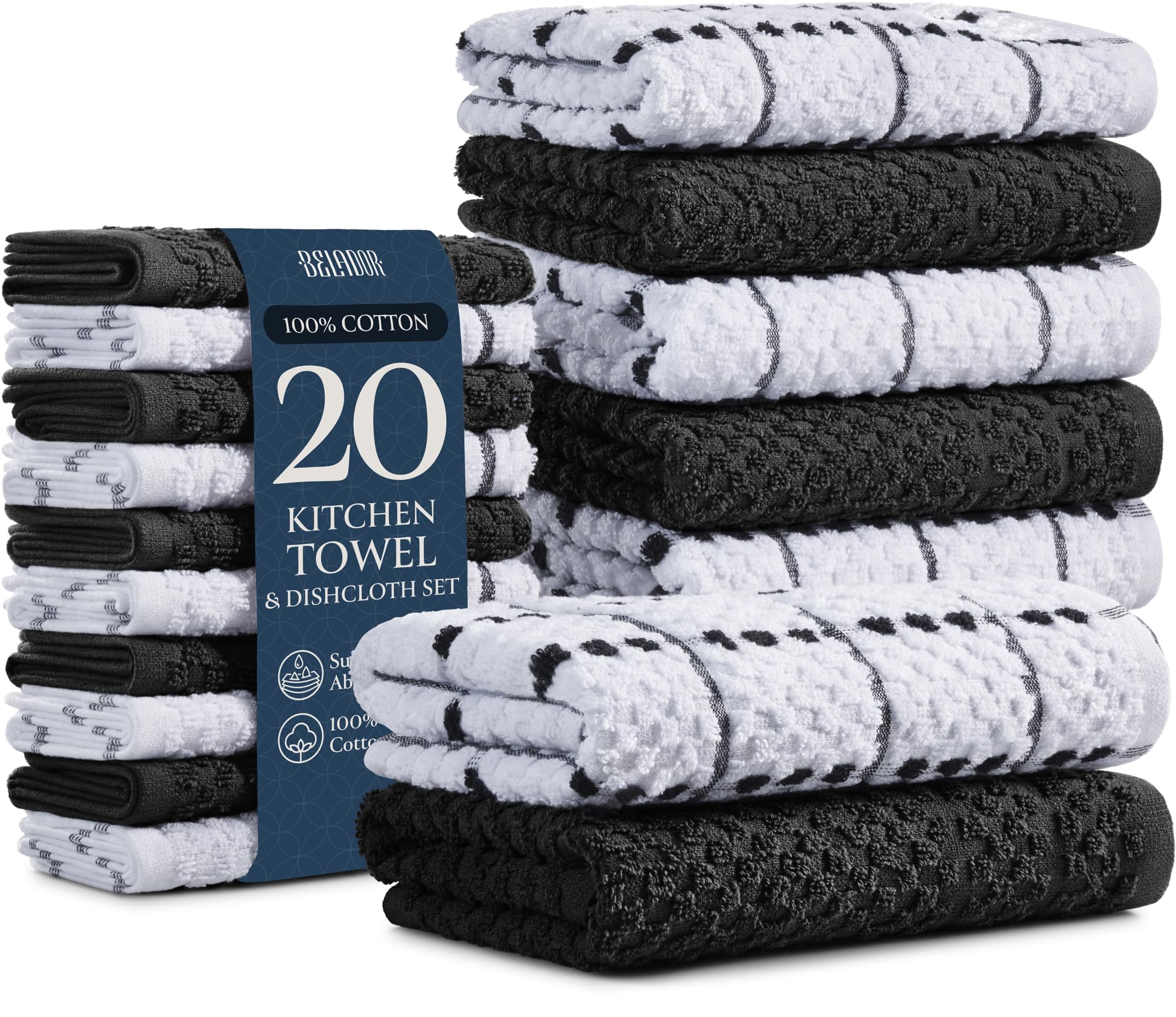 20-Piece Kitchen Towels And Dishcloths Sets - 100% Cotton Terry Dish Towels For Kitchen - Absorbent & Quick Drying Hand Towels- Super Soft & Scretch Free - 10 Towels 15"x25" + 10 Dish Cloths 12"x12" - Like New