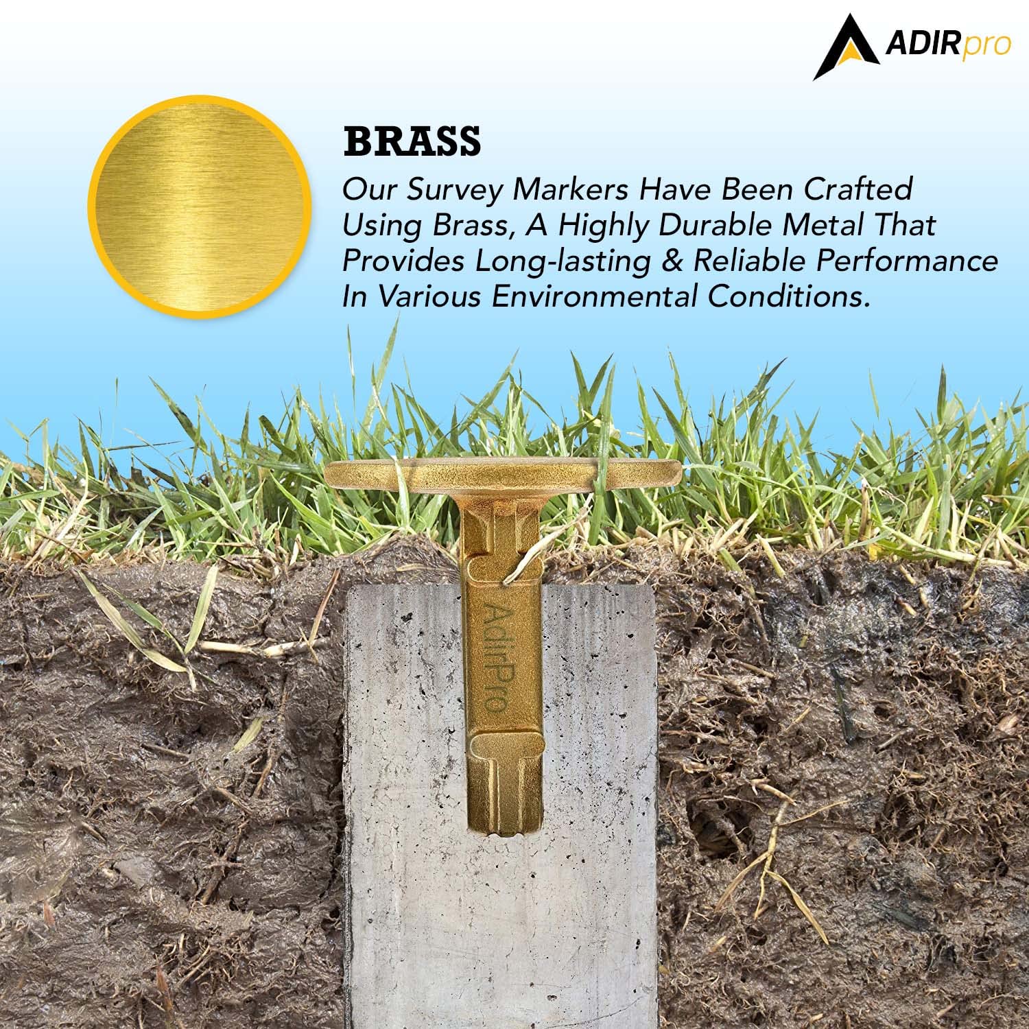 AdirPro Survey Markers – Durable Solid Brass & Low Profile Permanent Boundary Marking Caps/Stakes – for Surveying & Measuring Property & Land Area Variation - Like New