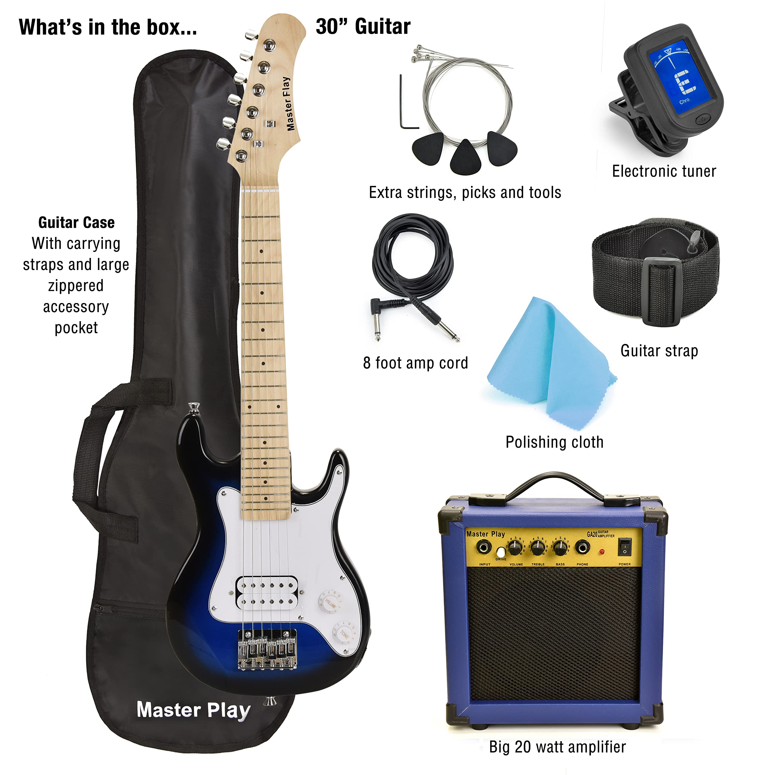 Master Play 30 Inch Electric Guitar,For Kids/beginner With Complete Starter Kit, 20 Watt Amp, 6 Extra String, Picks, Gig Bag, Shoulder Strap, Digital tuner, Cable, Wash Cloth Blueburst - Acceptable