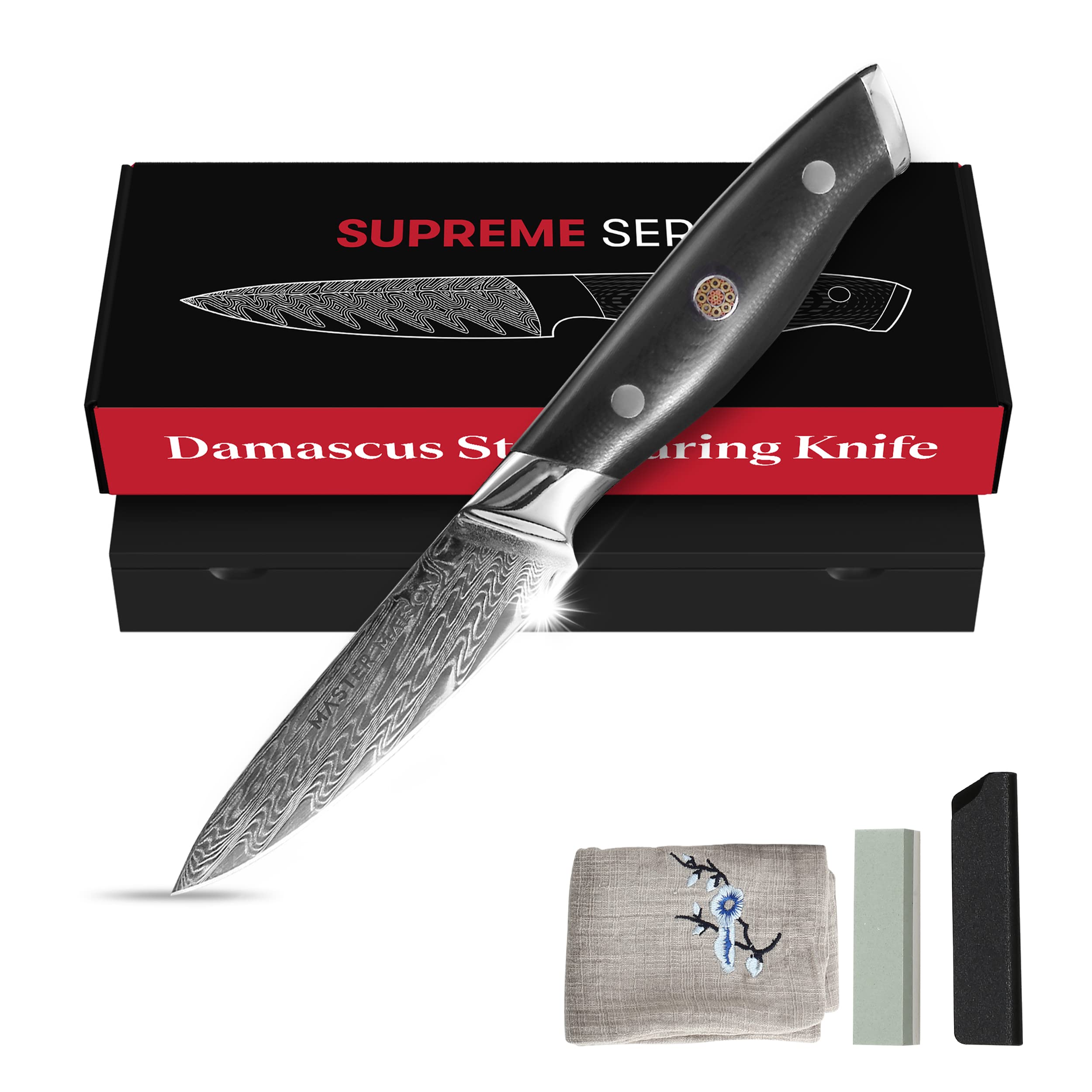 Damascus Steel Chef Knife Set | Master Maison AUS-10 Japanese Stainless Steel Chef's Knife | Edge Guard Cover, Sharpening Stone, Drying Cloth & Gift Box Holder Included! - Like New