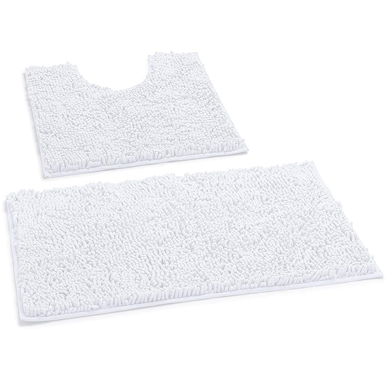 White Bathroom Rugs Sets 2 Piece, Luxury Chenille Bath Mat Set, Soft Plush Anti-Slip Bath Rug + U-Shaped Toilet Mat. Super Absorbent. (31''x 20'' Plus 20'' x 20'' U, White) - Very Good