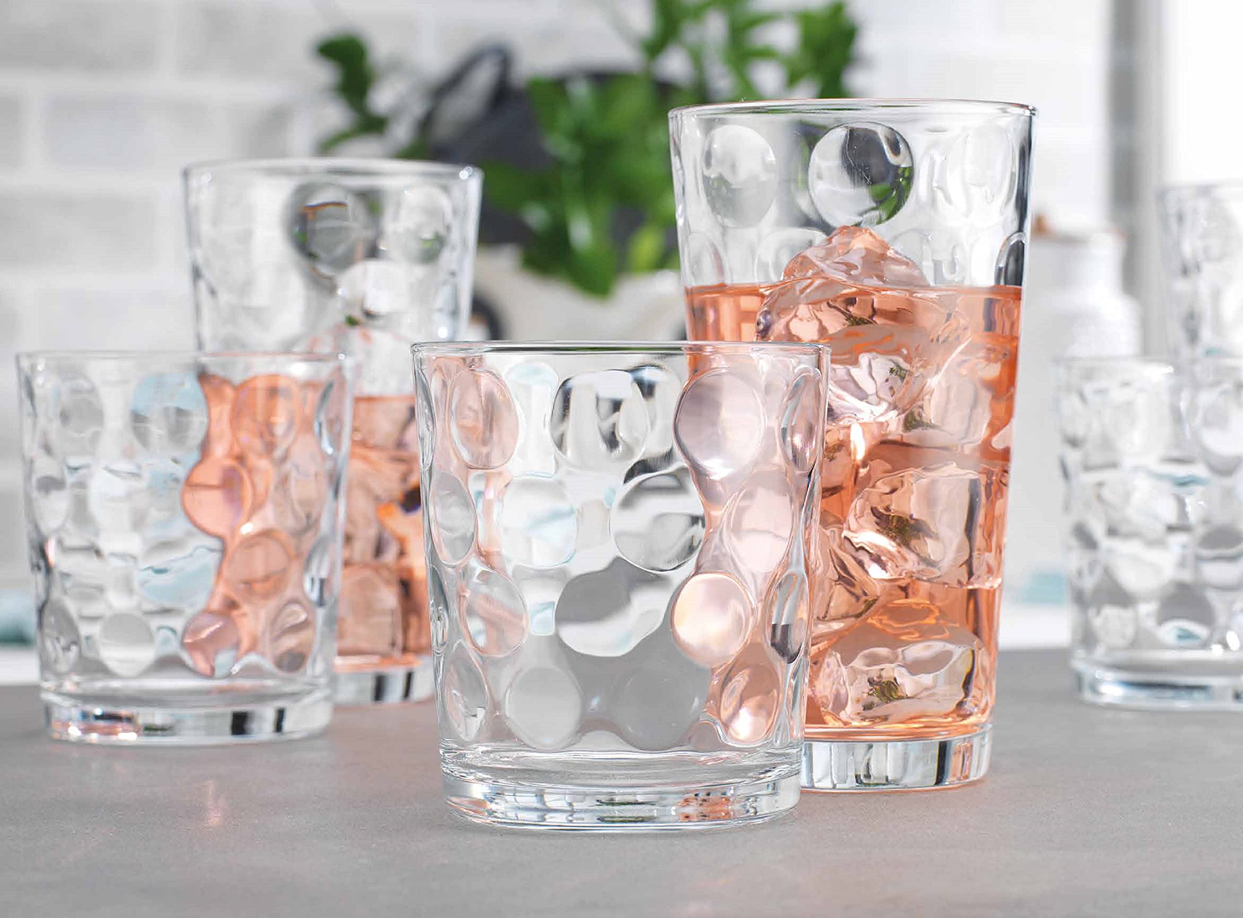 Drinking Glasses Set Of 16 - By Home Essentials - 8 Highball Glasses (17 oz.), 8 Rocks Whiskey Glass cups (13 oz.), Inner Circular Lensed Glass Cups for Water, Juice and Cocktails. - Acceptable