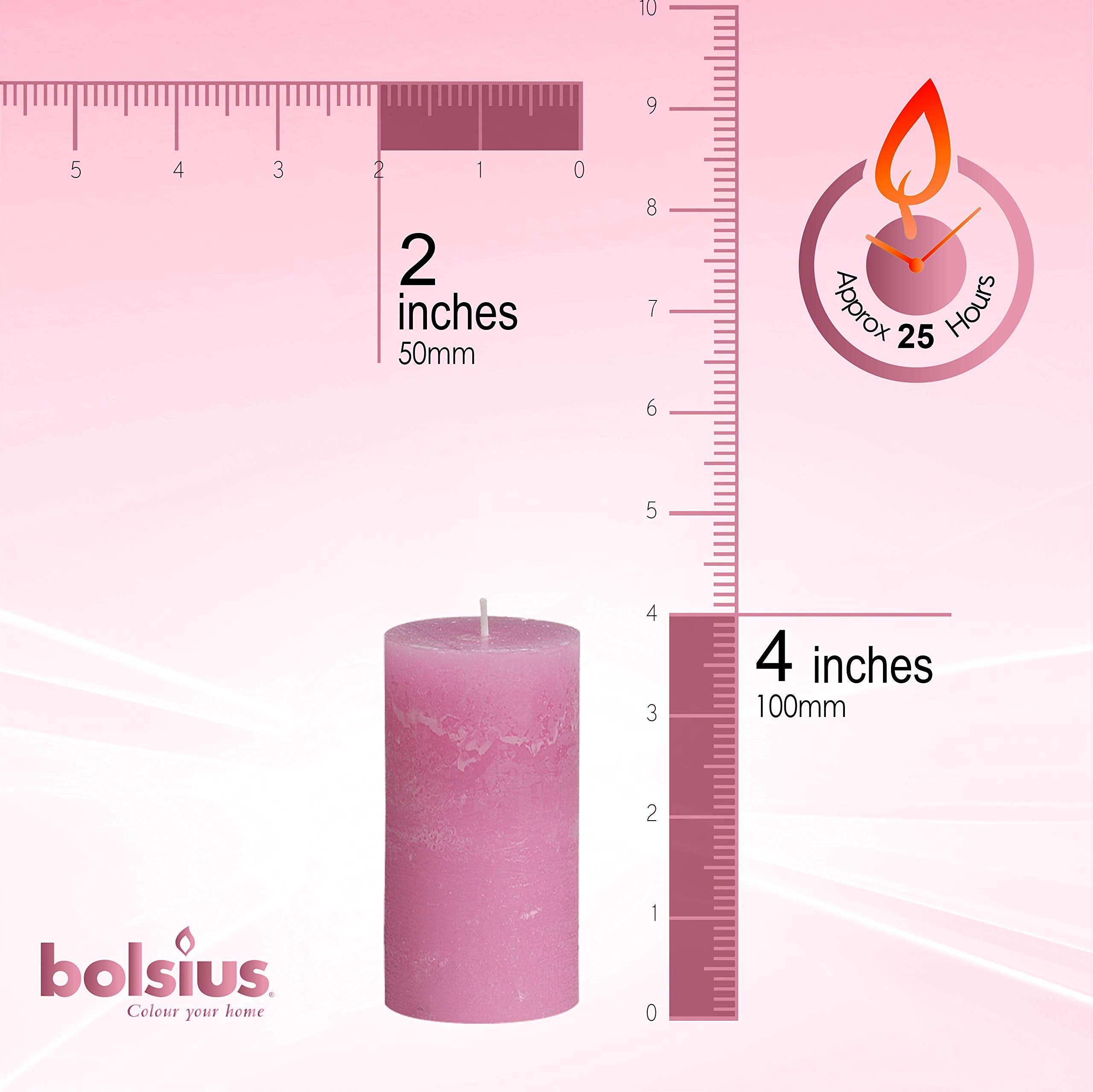 BOLSIUS Rustic Pink Unscented Pillar Candles -2" X 4" Decoration Candles Set of 4 - Clean Burning Dripless Dinner Candles for Wedding & Home Decor Party Restaurant Spa- Aprox (100X50m) - Like New