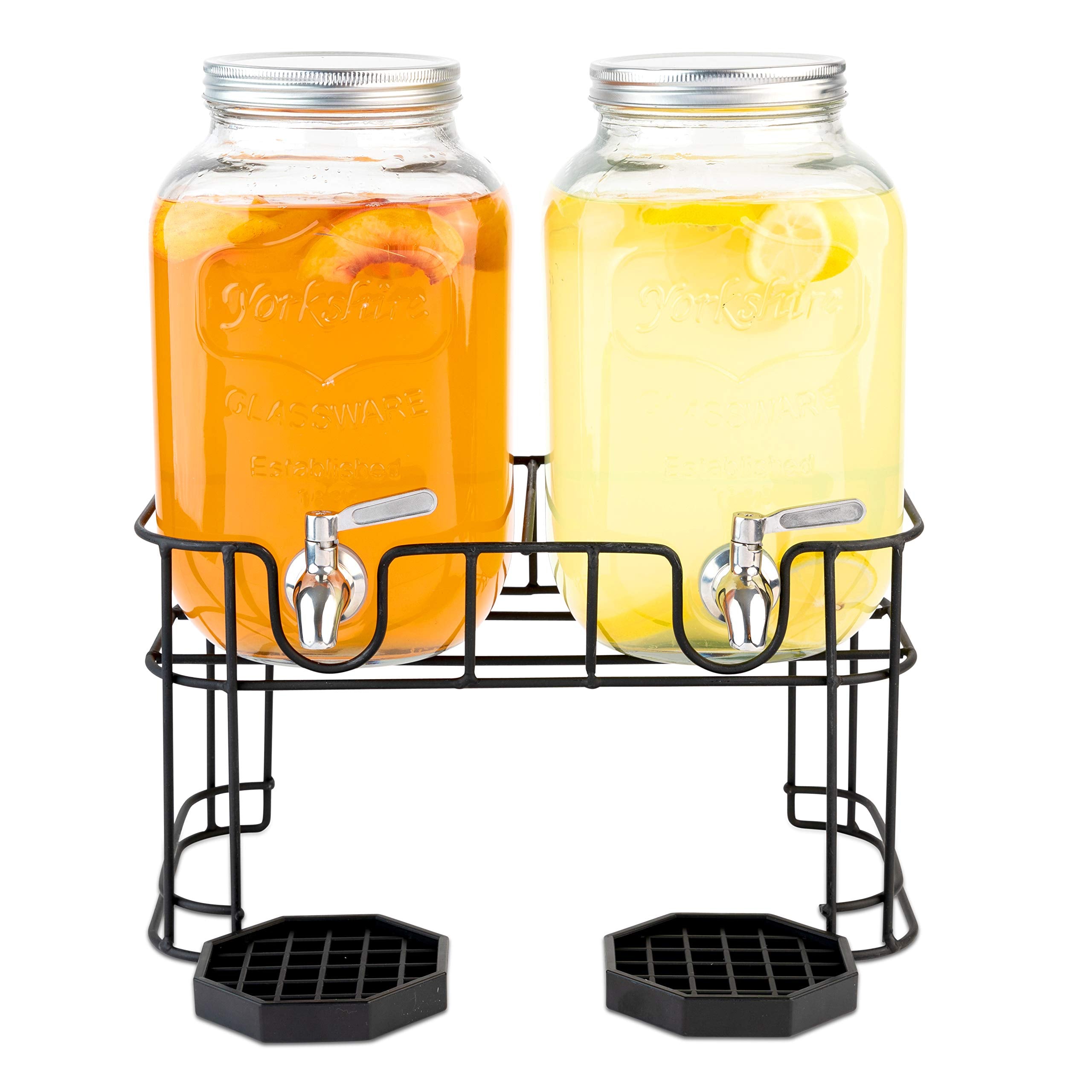 Dual Gallon Glass Beverage Dispensers with Metal Stand, Stainless Steel Spigot, Metal Lid and Drip Trays- Gallon Glass Yorkshire Mason Container for Kombucha Fermenting, Iced Tea and more - Like New