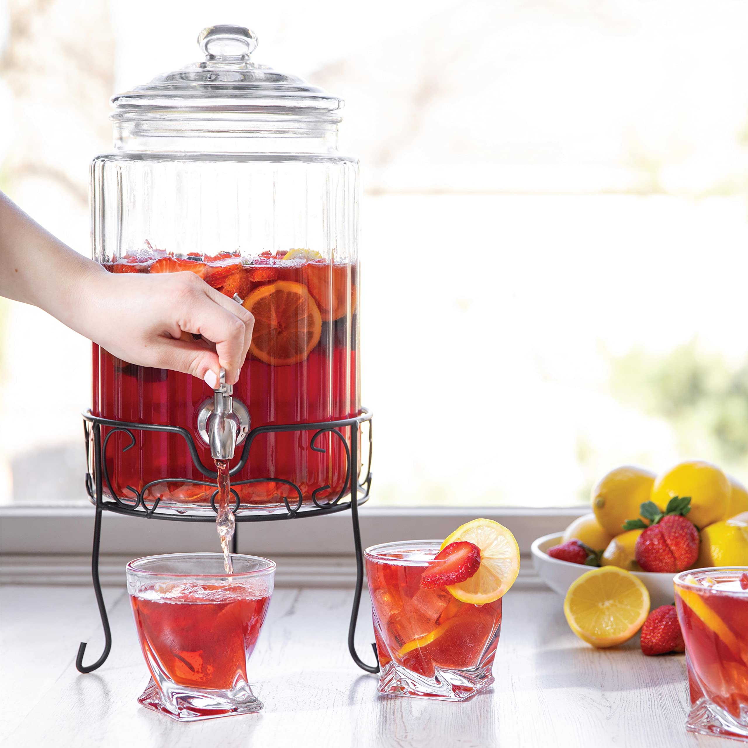 1.5 Gallon Glass Beverage Dispenser with Stainless Steel Spigot on Metal Stand, Mason Drink Dispenser For Parties, Sun Tea, Iced Tea, Water or Kombucha - Like New