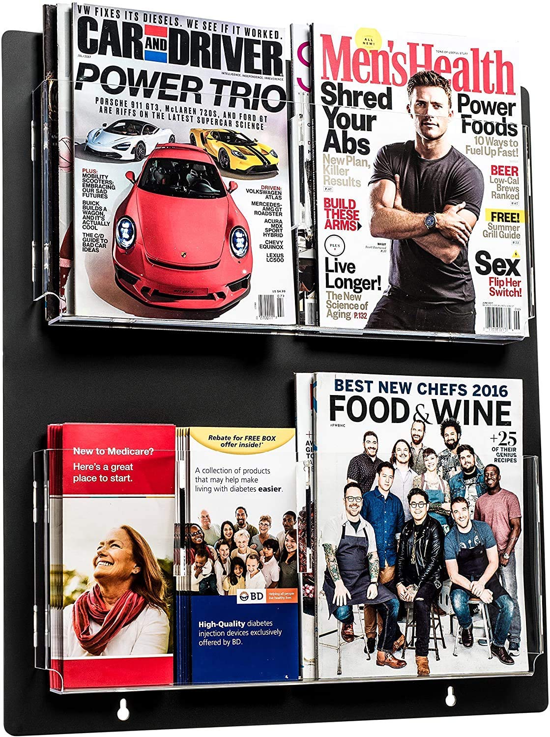 AdirOffice Hanging Magazine Rack - Wall Mounted Newspaper & Brochure Holder - Durable, Adjustable, Clear Acrylic Storage Pockets - Easy Installation - Like New