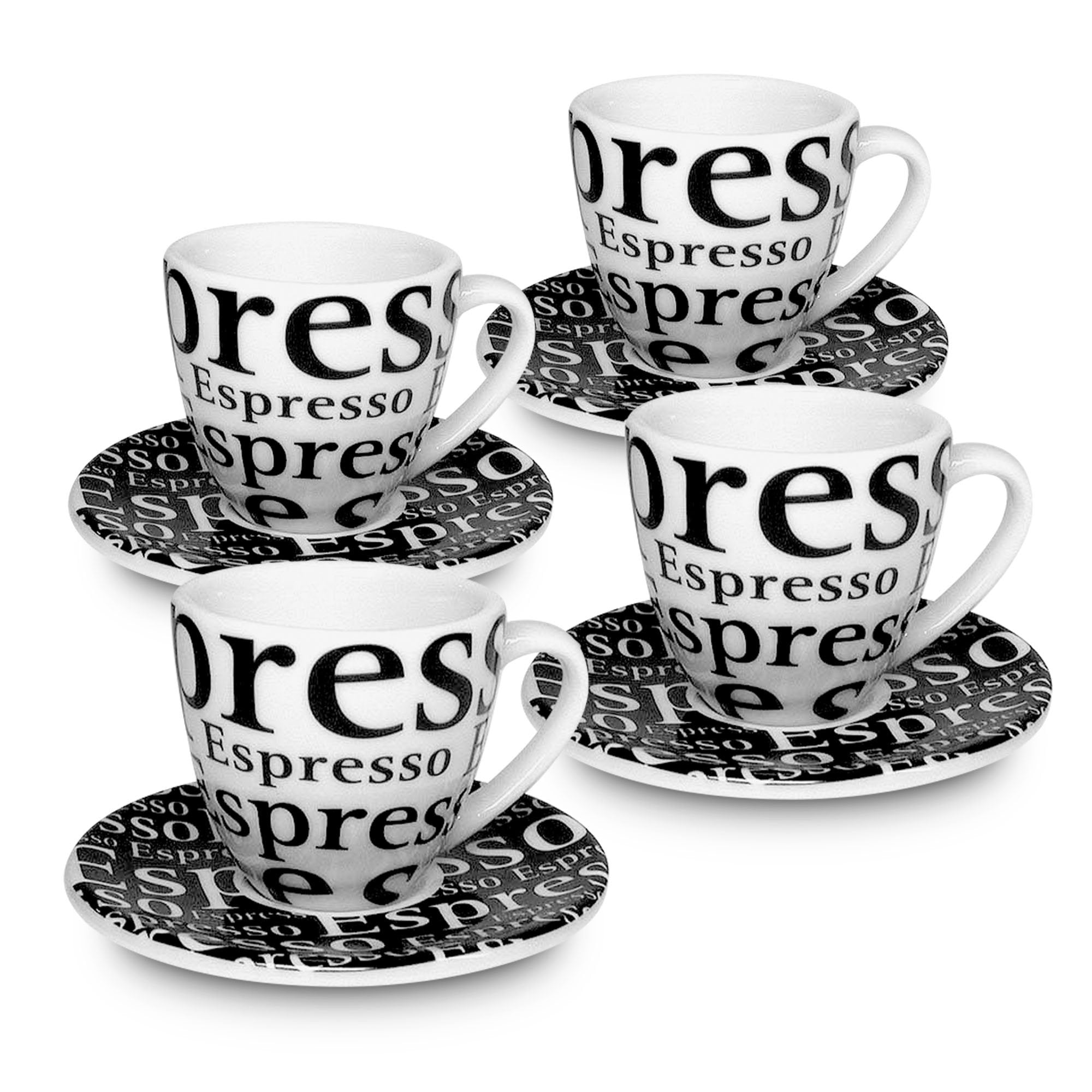 Konitz Coffee Bar # 1, Writing on Black Espresso Cups/Saucers/Gift Boxed (Set of 4), White - Like New