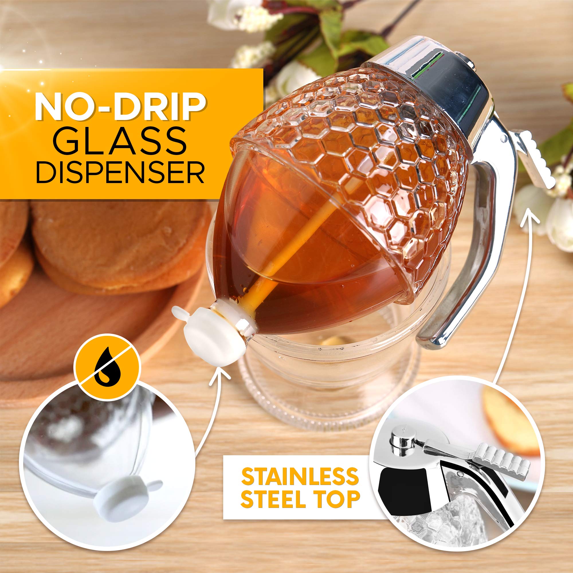 hunnibi Honey Dispenser PLUS - Glass Honey Dispenser No Drip Glass with Stand and STAINLESS STEEL TOP - Syrup Dispenser Glass - Beautiful Honey Pot - Honey Jar with Stand - Like New