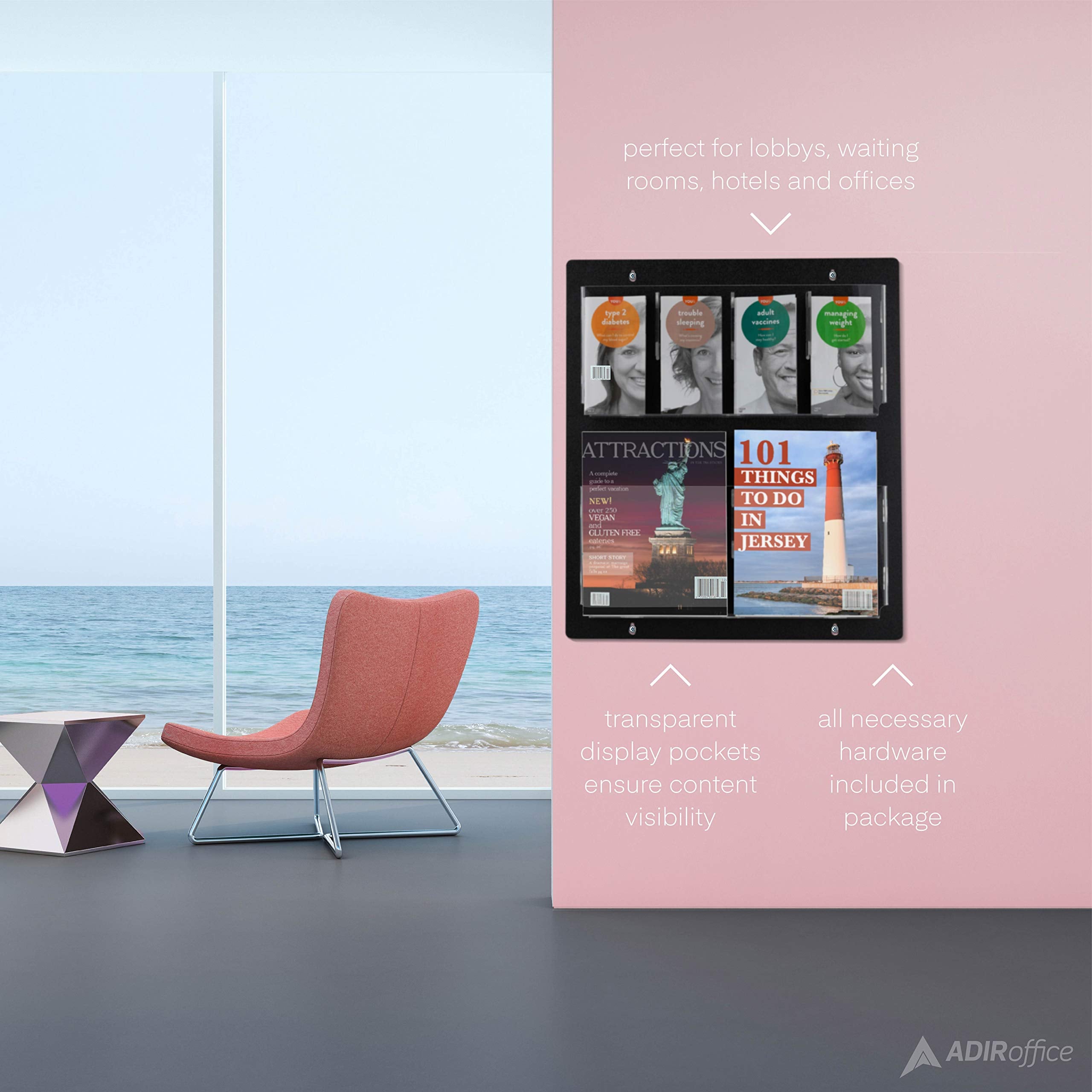 AdirOffice Hanging Magazine Rack - Wall Mounted Newspaper & Brochure Holder - Durable, Adjustable, Clear Acrylic Storage Pockets - Easy Installation - Like New