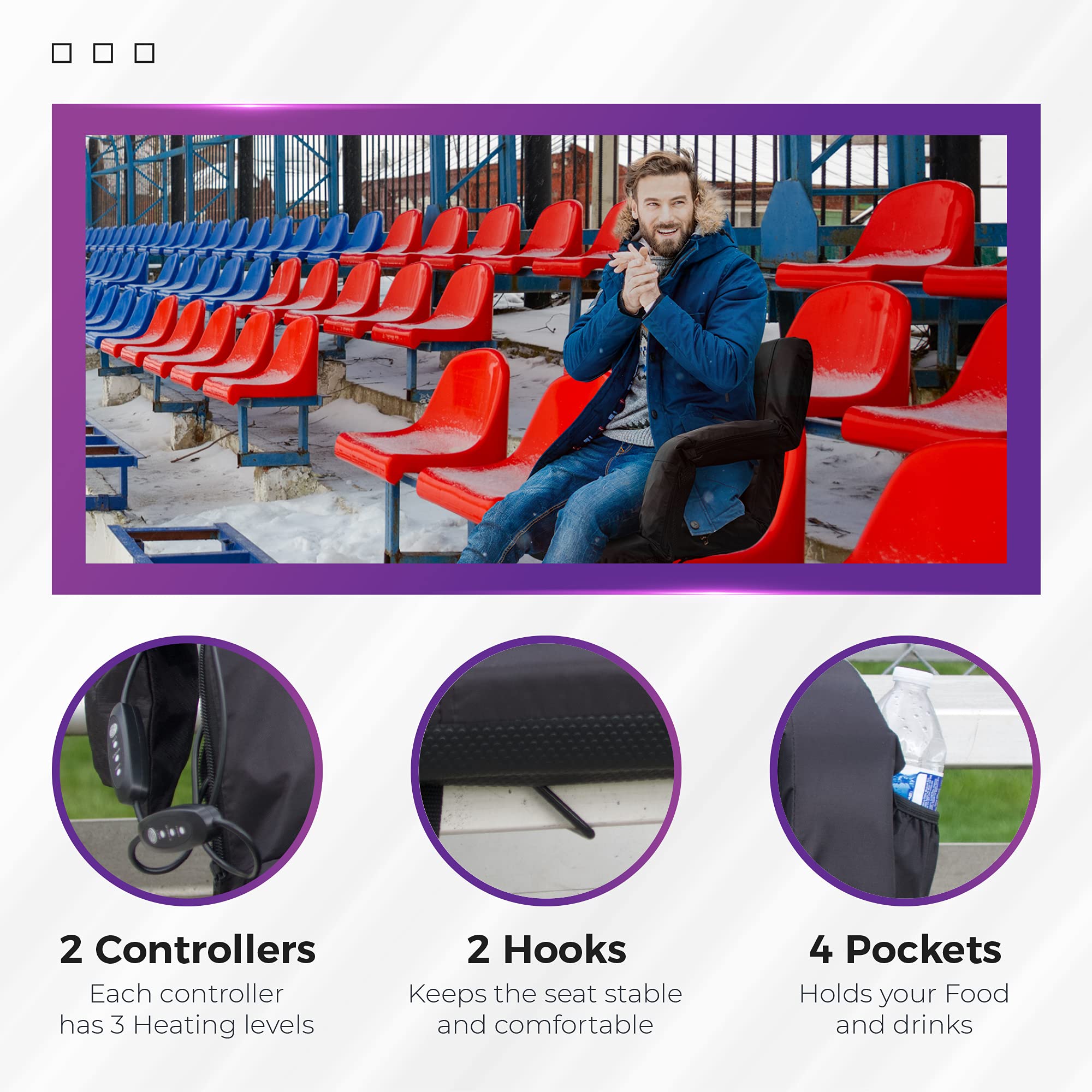 GADGETWIZ Double Heated Stadium Seats for Bleachers with Back Support and 2 Hooks –3 Level Heating-USB Heated Camping Chair - 4 Pockets-USB Power Bank NOT Included - Like New