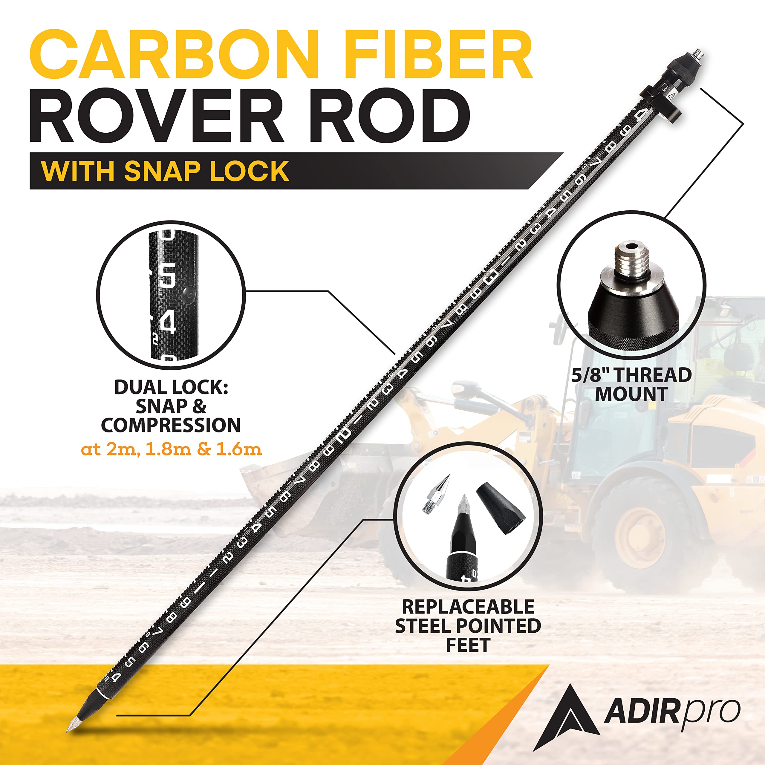 AdirPro 3-Position Snap-Lock Rover Rod � Carbon Fiber GPS Pole � 1 Piece Design with Outer GT Graduations for Land Surveying & Engineering - RTK GPS/GNSS Accessory - Like New