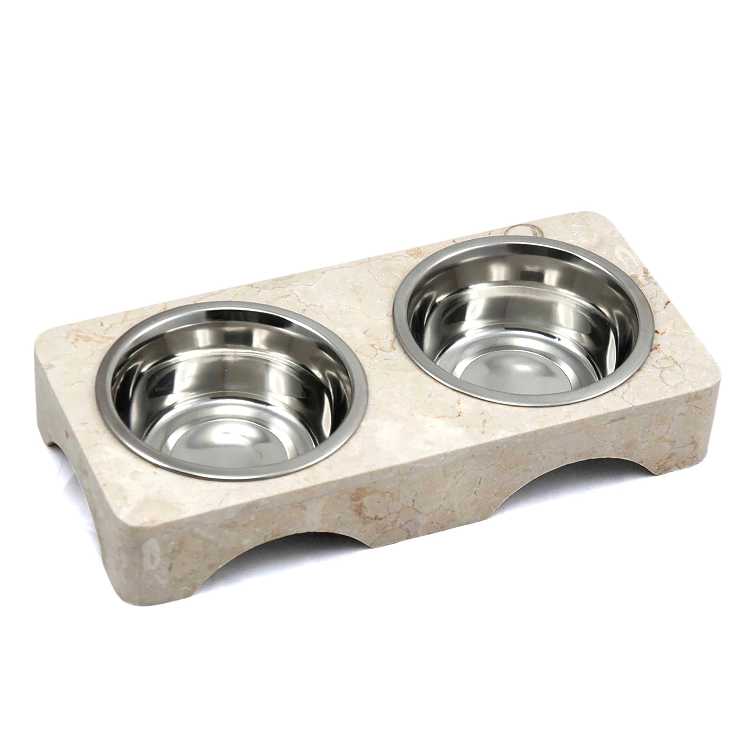 Creative Home 1 Pint Natural Champagne Marble Double Diner Pet Food & Water Bowl Set - Very Good