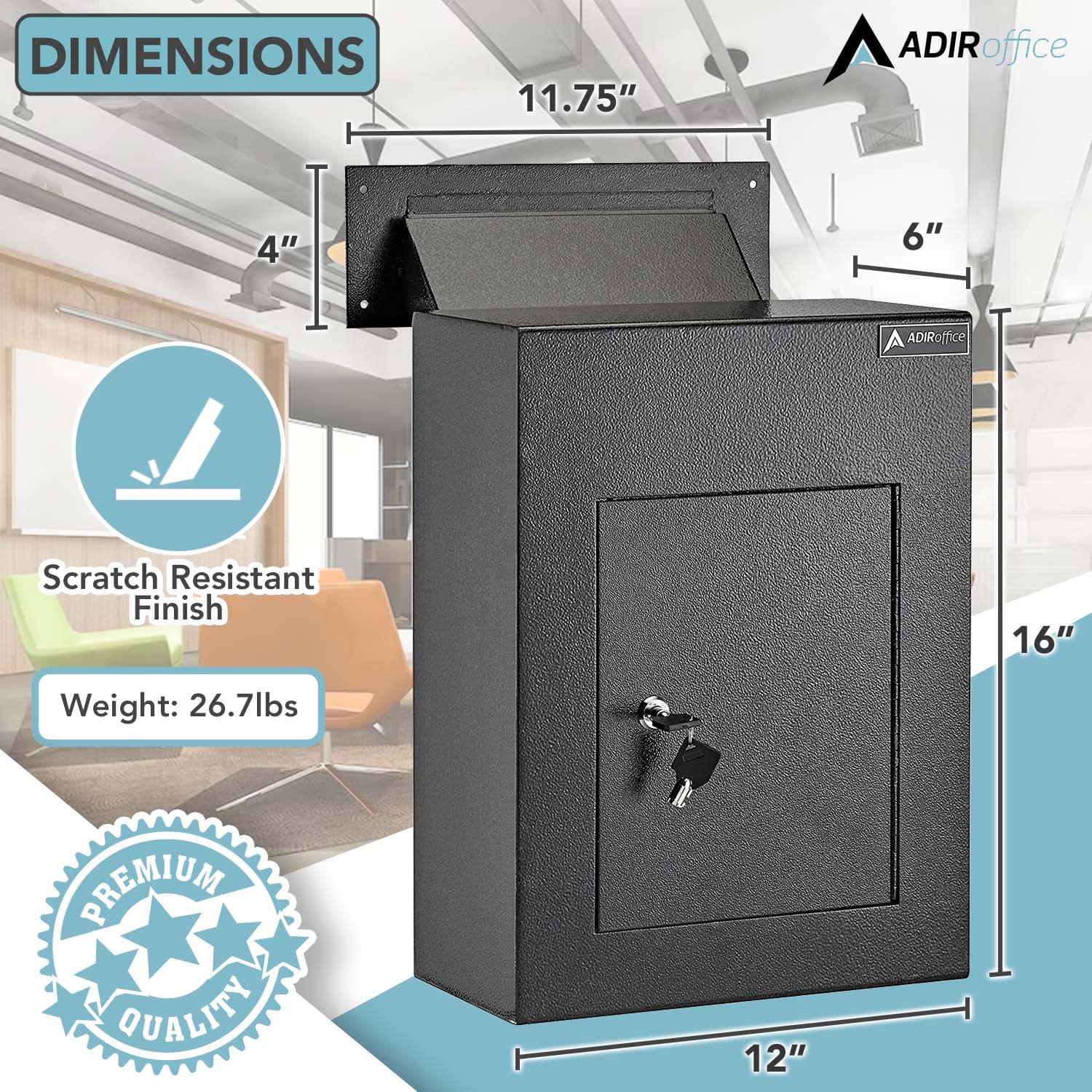 AdirOffice Through The Wall Drop Box Safe - Durable Thick Steel w/Adjustable Chute - Mail Vault for Home Office Hotel Apartment - Very Good