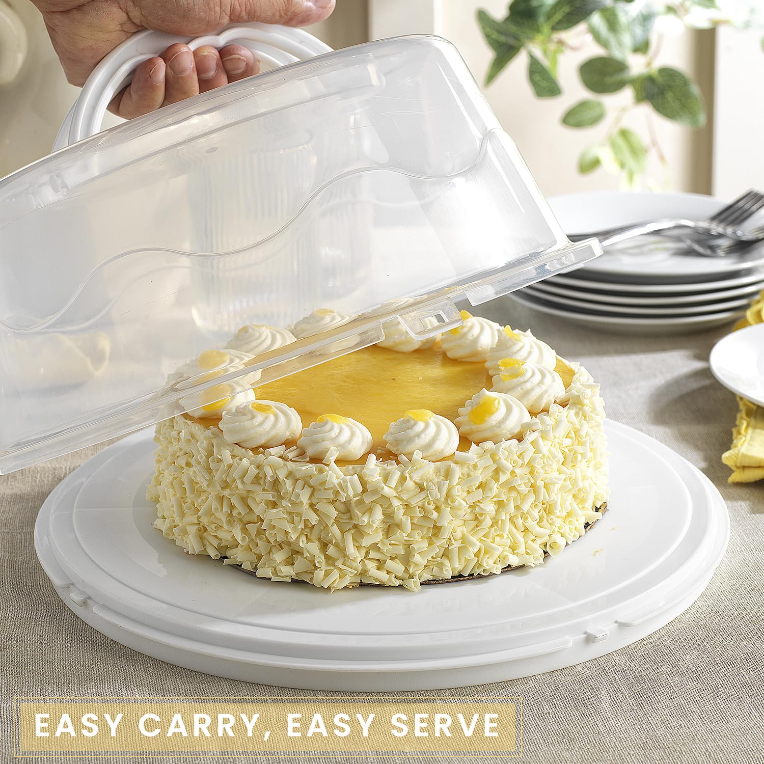 MosJos Round Cake Carrier, BPA-Free Plastic Cake Keeper with Lid, Fits 10� Cakes, Four Secure Side Closures, Dishwasher Safe Cake Transport Container (White) - Very Good