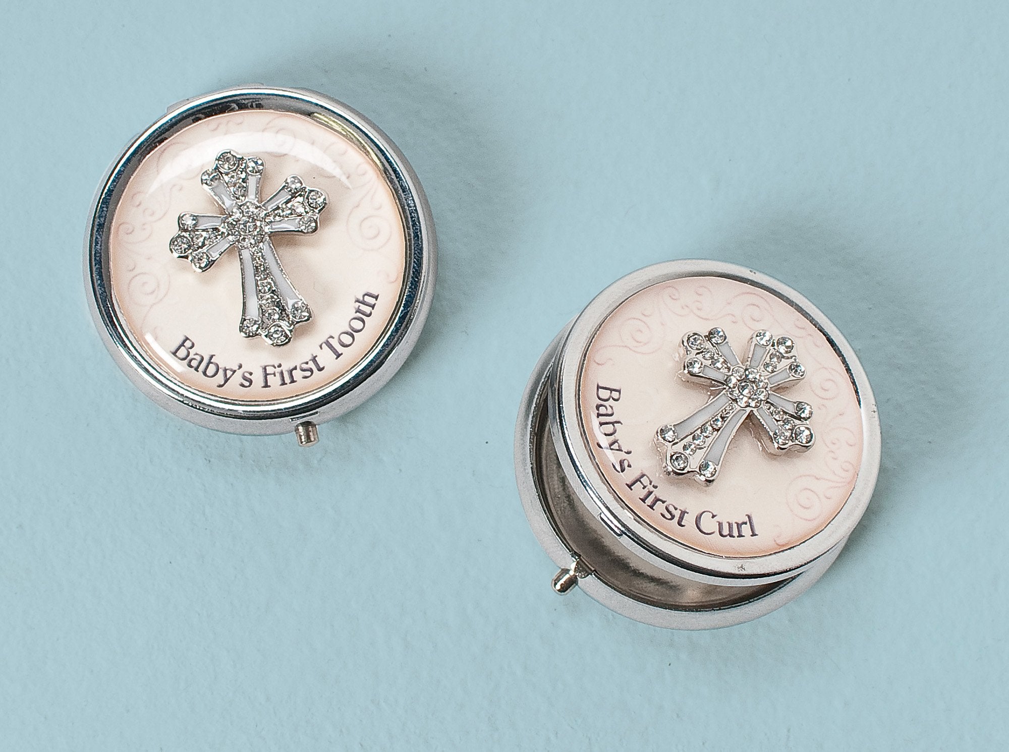 Roman 64655 Set of 2 Enamelled Round Boxes Tooth and Baby's First Curl - Like New