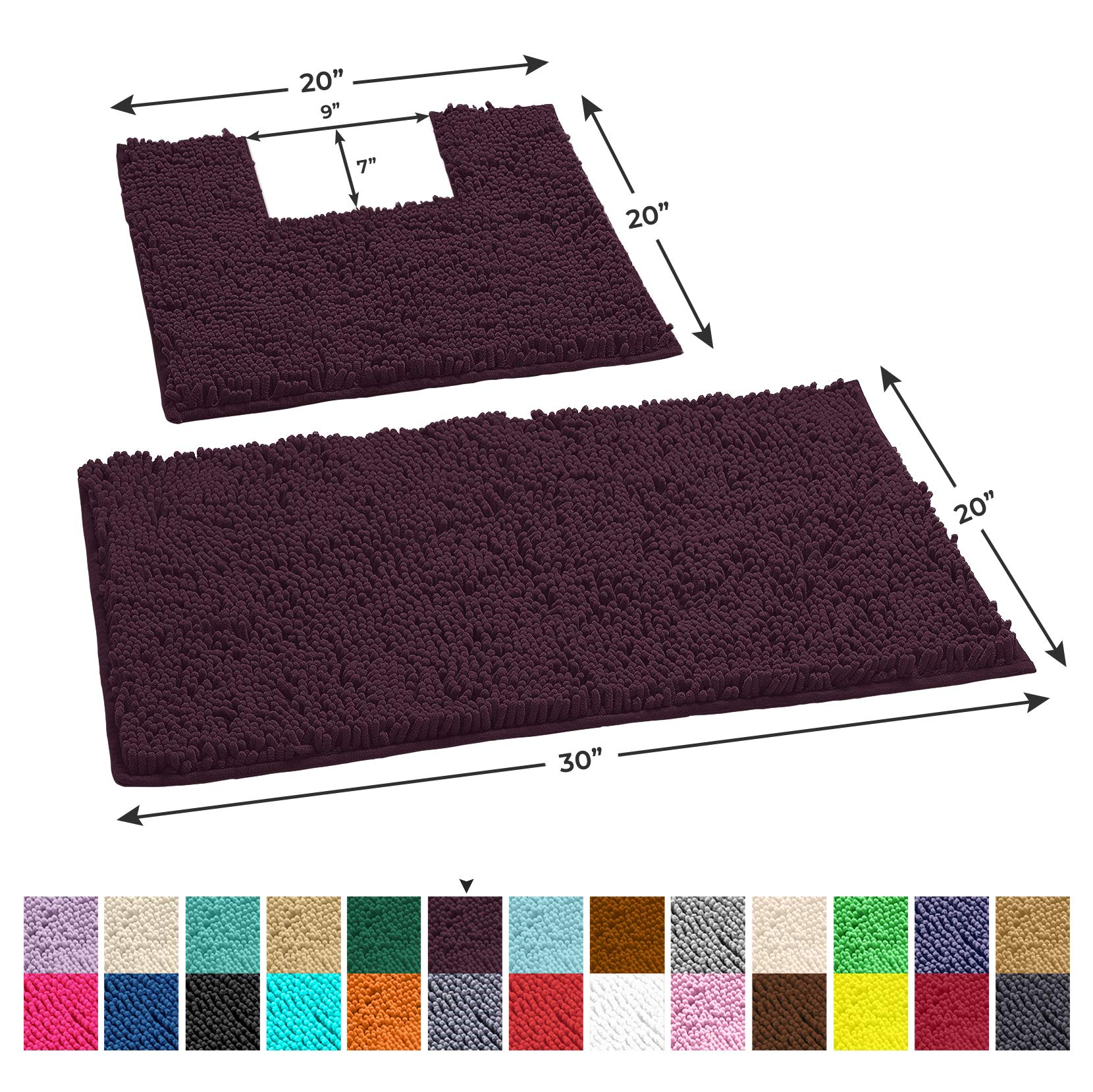 Luxurious Plum Bath Mat Set: 2-Piece Chenille Rugs with Soft Plushness, Anti-Slip Design, U-Shaped Toilet Mat. 1'' Microfiber Shaggy Carpet. Machine Washable, Curved Set Square - Like New