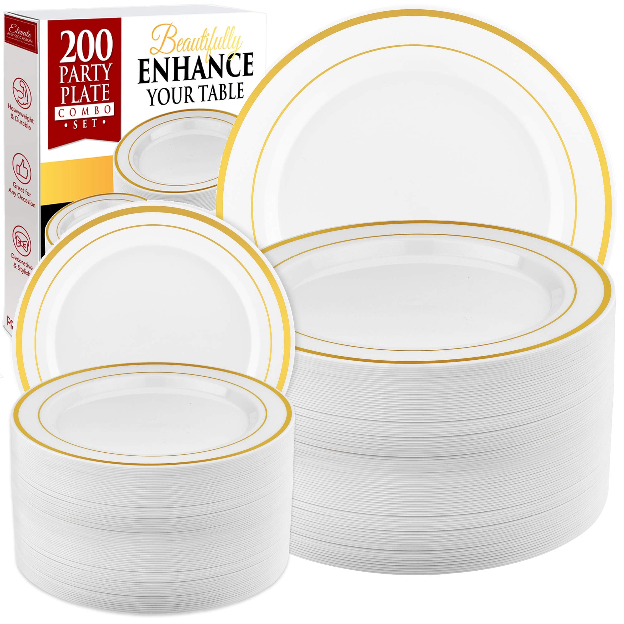 Prestee 200pc Gold Plastic Plates - 100 Dinner Plates & 100 Salad Plates, White + Gold-Rimmed Party Plates Disposable Heavy Duty - Dessert, Appetizer, Holiday, Wedding Plates  - Good
