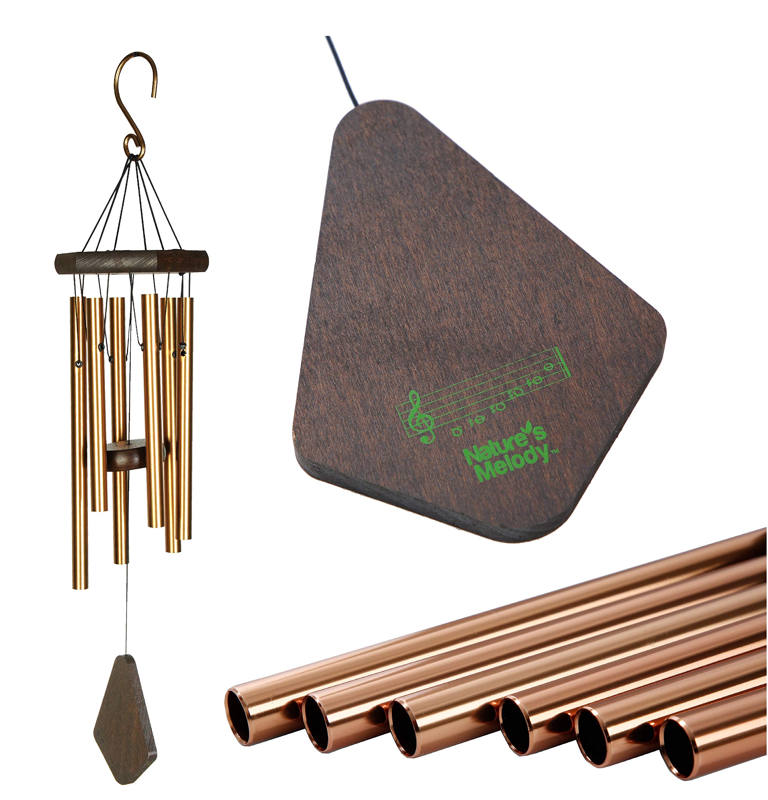 Nature’s Melody Premiere Grande Tunes Wind Chimes – Outdoor Windchime with 6 Tubes Tuned to E Pentatonic Scale, Rustproof Aluminum, Beech Wood & S Hook Hanger for Sympathy, Memorial Gift or Zen Garden - Acceptable