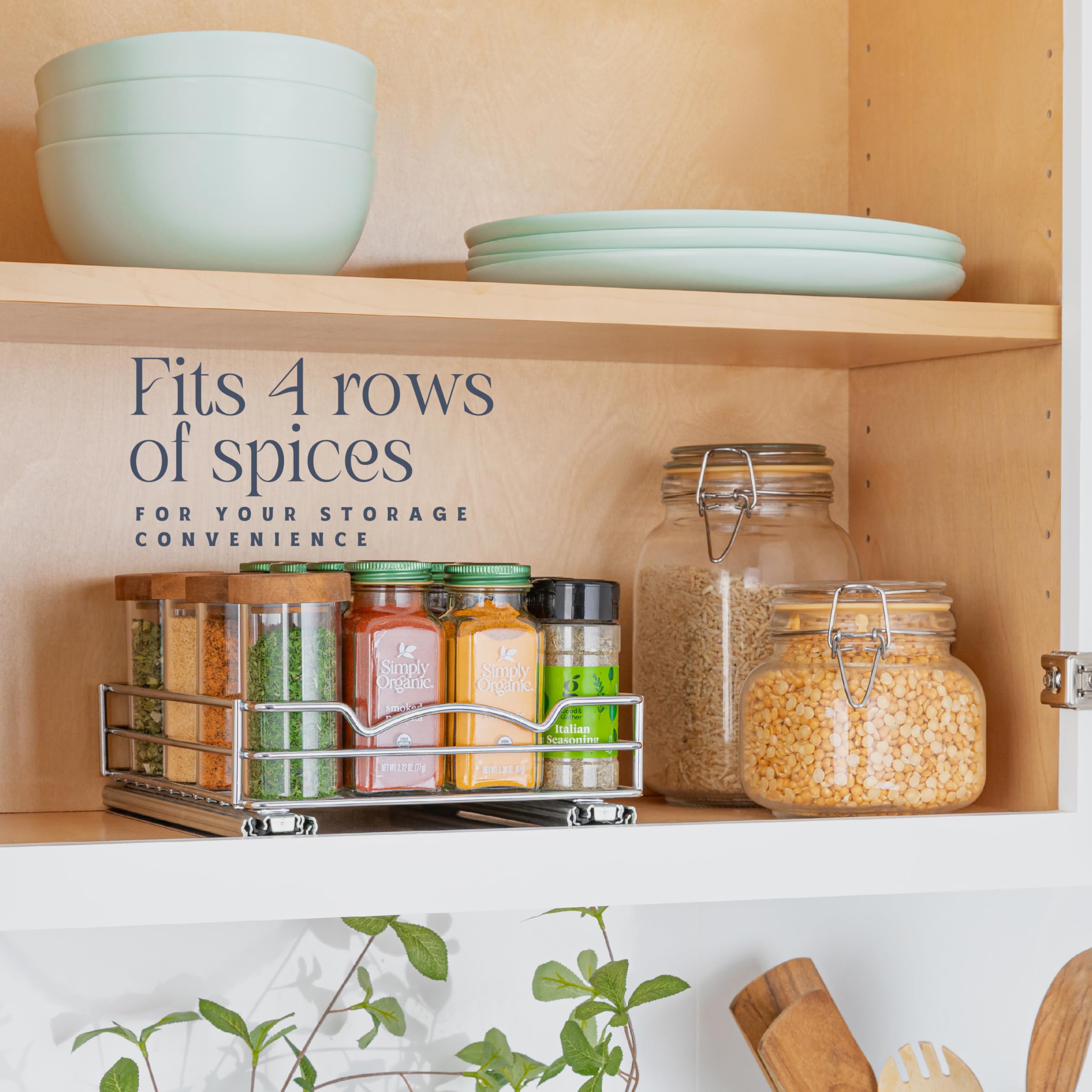 HOLD N' STORAGE Premium Pull-Out Spice Rack - 8-3/8"W x 10"D - Anti-Rust Chrome Finish - Heavy Duty with 5-Year Limited Warranty- Fits 4 Rows of Standard Spice Jars - Like New