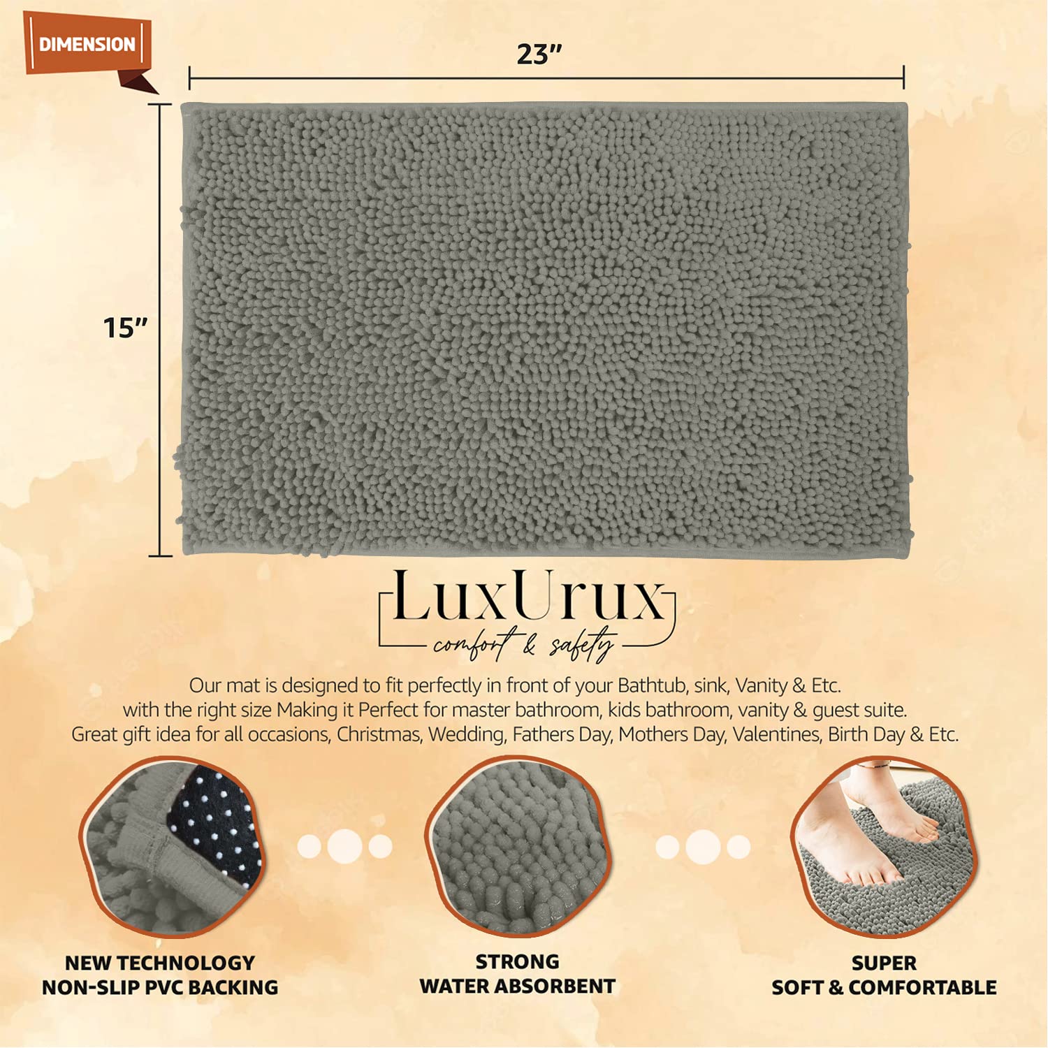 LuxUrux Bath Mat-Extra-Soft Plush Bath Shower Bathroom Rug,1'' Chenille Microfiber Material, Super Absorbent Shaggy Bath Rug. Machine Wash & Dry (24'' x 17'', Warm Grey) - Acceptable