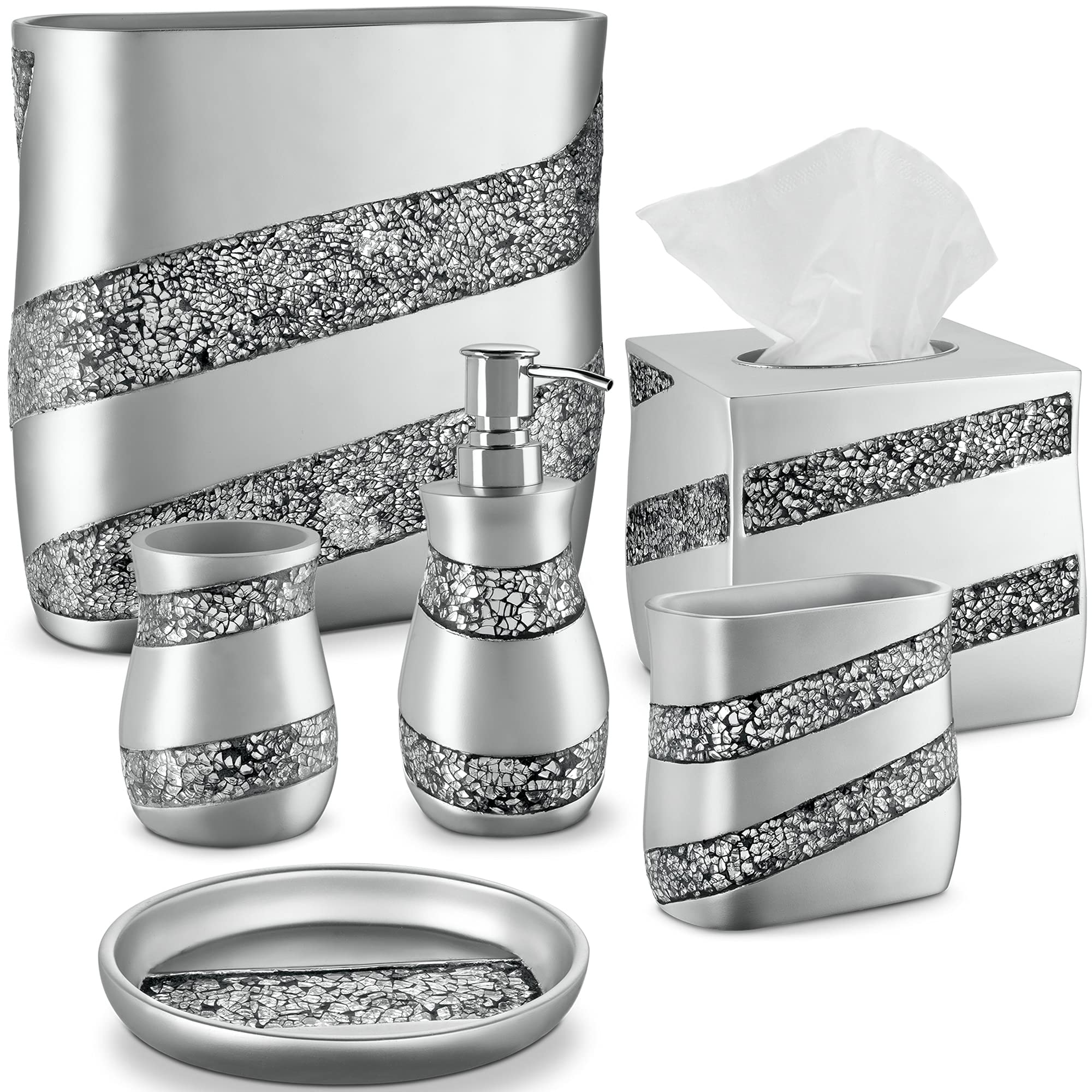 Silver Bathroom Accessories Set Complete - Mosaic Glass Bathroom Accessory Set, 6 Piece Bathroom Set Includes: Bathroom Trash Can, Tissue Cover, Soap Dispenser, Toothbrush Holder, Tumbler & Soap Dish - Very Good