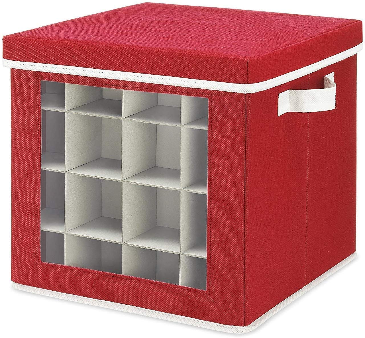Whitmor Holiday Ornaments Storage Cube with 64 Individual Compartments - Made with Non-Woven Polypropylene Fabric - Transparent Cover for Easy Viewing - Removable Top and Convenient Handle - Like New