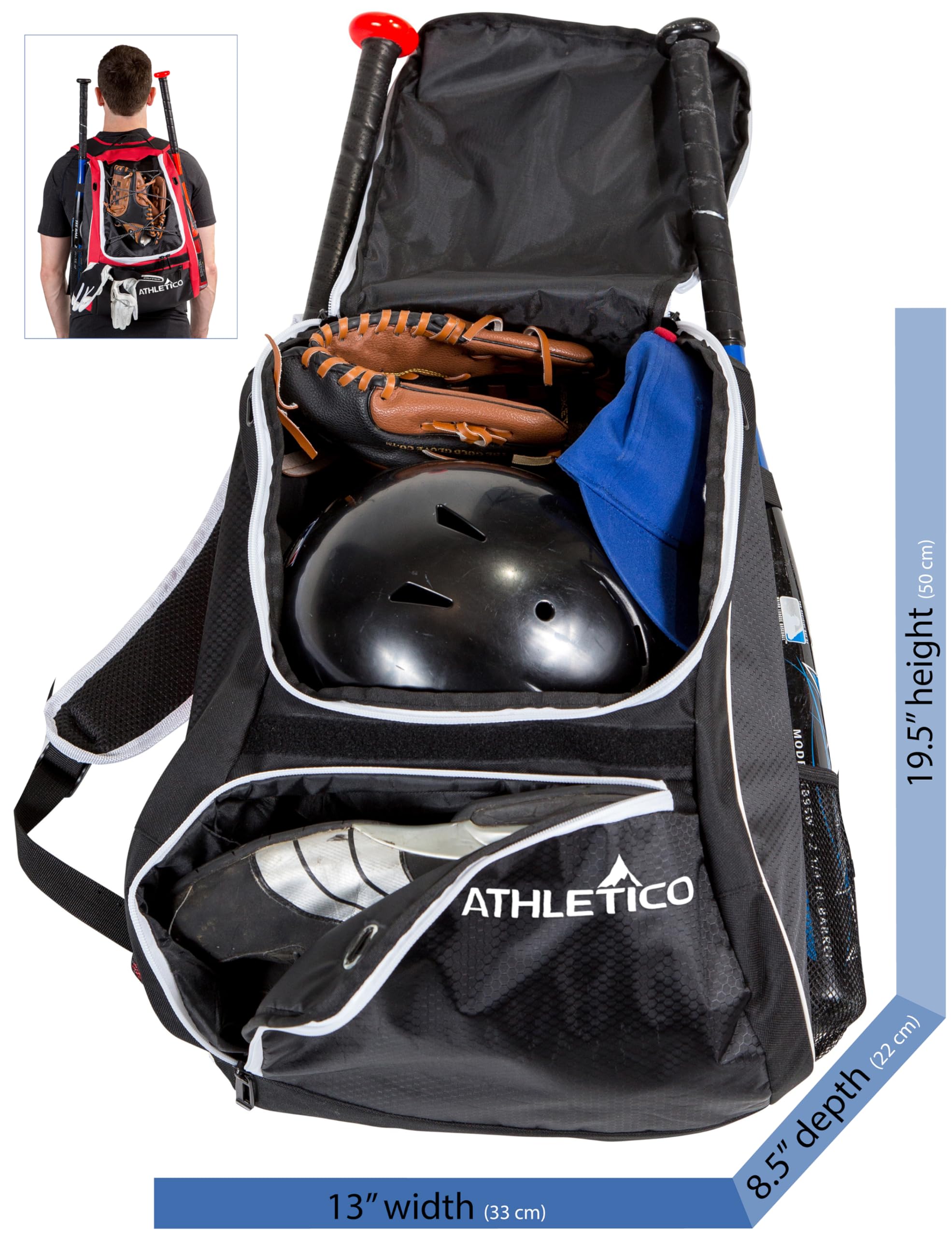 Athletico Baseball Bat Bag - Backpack for Baseball, T-Ball & Softball Equipment & Gear for Youth and Adults | Holds Bat, Helmet, Glove, & Shoes |Shoe Compartment & Fence Hook - Like New