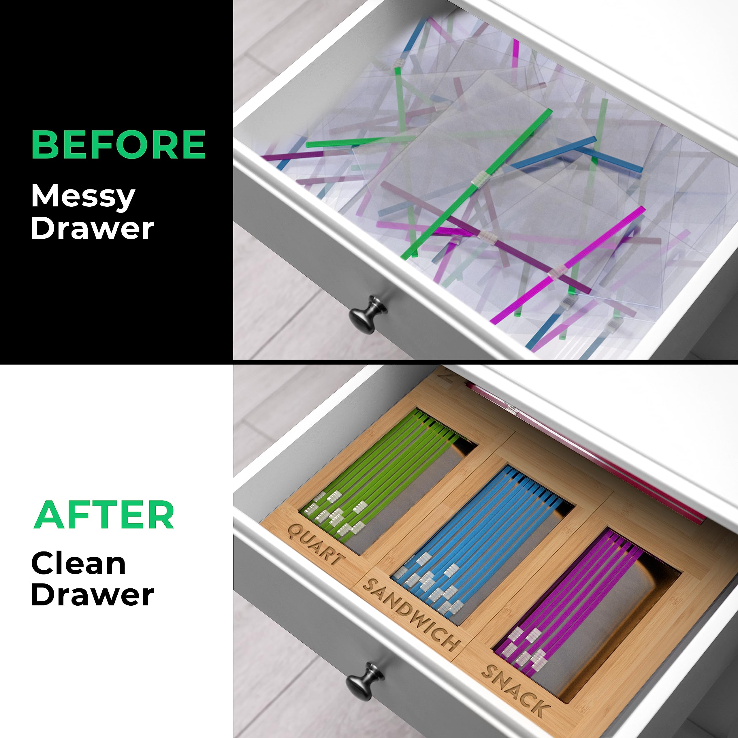 Magic Mill Ziplock Bag Organizer for Drawer | Bamboo Kitchen Storage Organization, Eco-Friendly Plastic Baggie Holder, Dispenser & Organizer for Ziploc Bags 4-PC - Like New