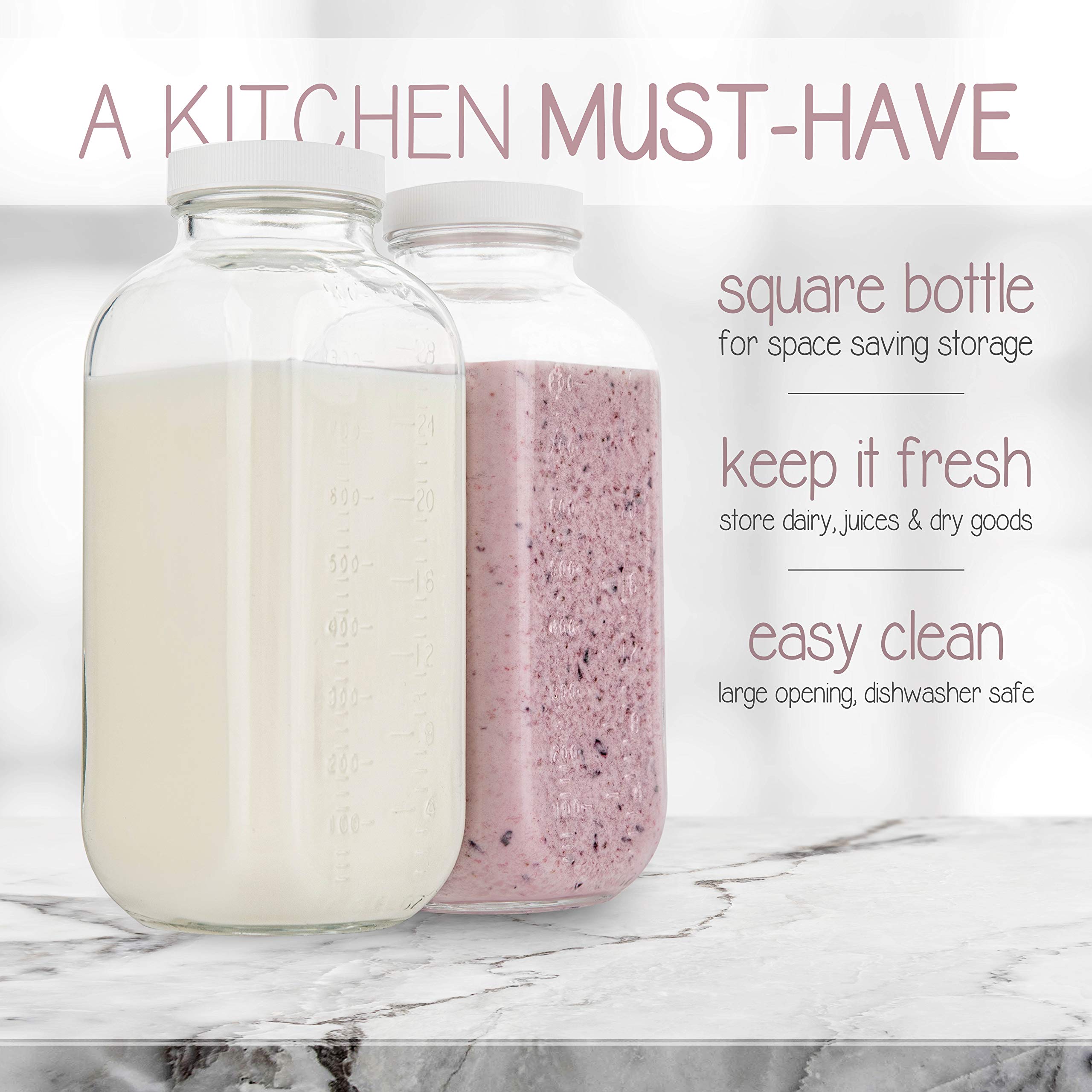32oz Square Glass Milk Bottle with Plastic Airtight Lids, Quart Sized Vintage Reusable Dairy Drinking Containers for Refrigerator with Measurement Marks, Yogurt, Smoothies, Kombucha, Water - Like New