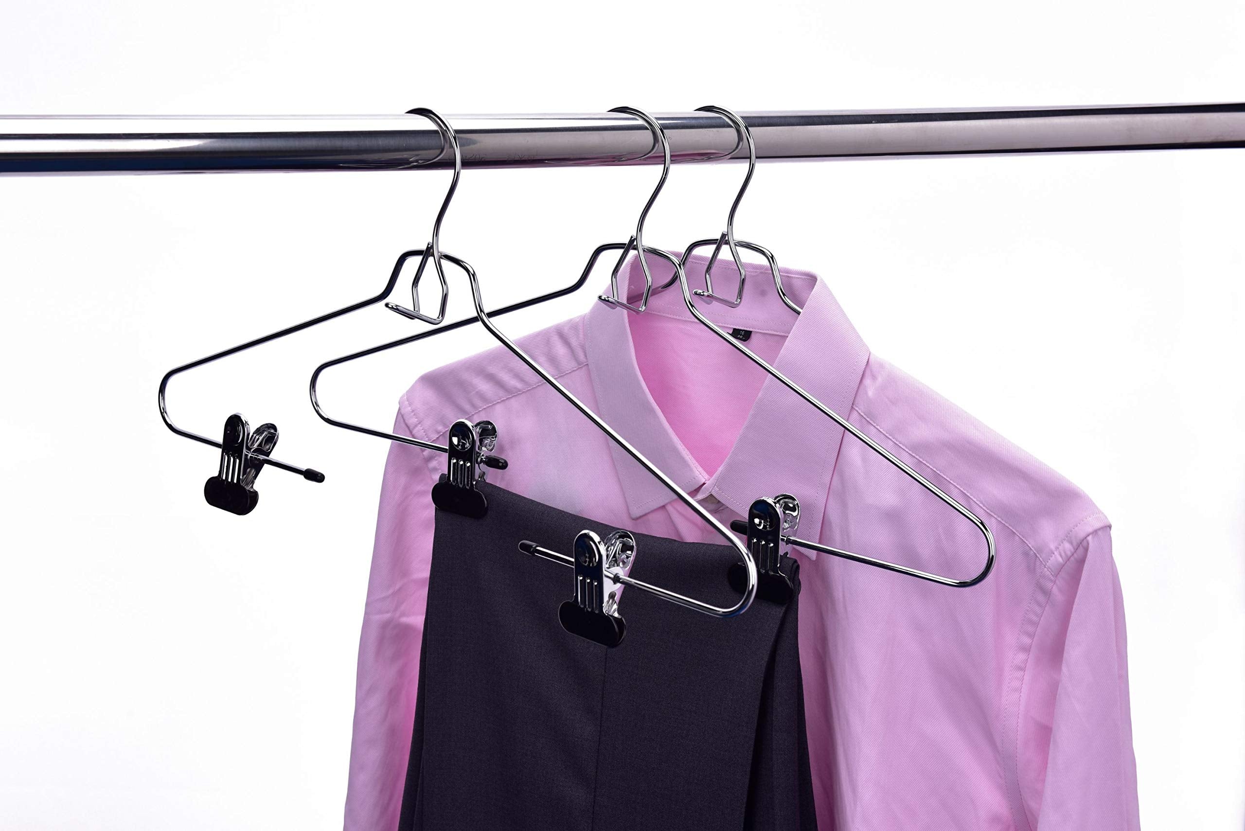 6 Quality Add-On Skirt Blouse Hanger Heavy-Duty Add-On Skirt Hangers with Clips, Multi Stackable Add on Hangers, Adjustable Wide Clip Pants Hanger, Chrome - Like New